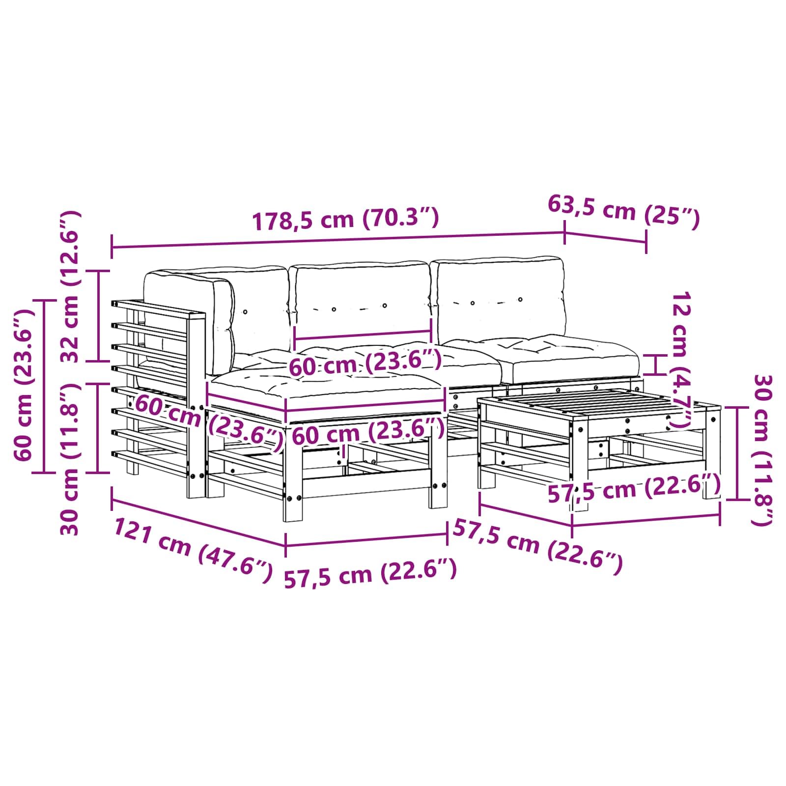 5-częściowy zestaw mebli ogrodowych z litego drewna sosnowego z poduszkami, na taras, balkon, do wypoczynku, na zewnątrz, odporny na warunki atmosferyczne, nie zajmuje dużo miejsca
