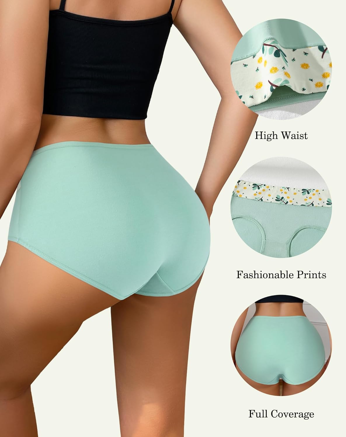 Cotton Women Underwear High Waist Full Coverage Briefs With Lemon & Leaves Print Breathable Stretch Panties Green 4 Pack - Image 2