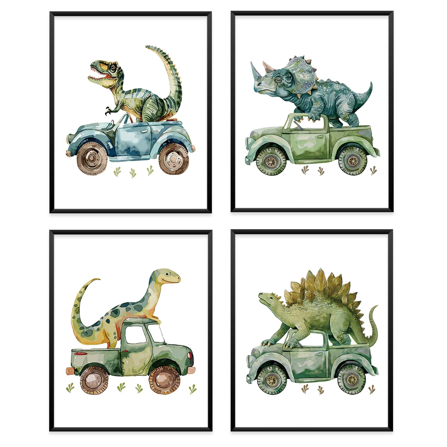 VONTP Decoración de pared de dinosaurio, camión de construcción de dinosaurio verde, obra de arte para habitación de niños, cuarto de bebé, sala de juegos, 8 x 10 pulgadas, juego de 4 (sin marco)