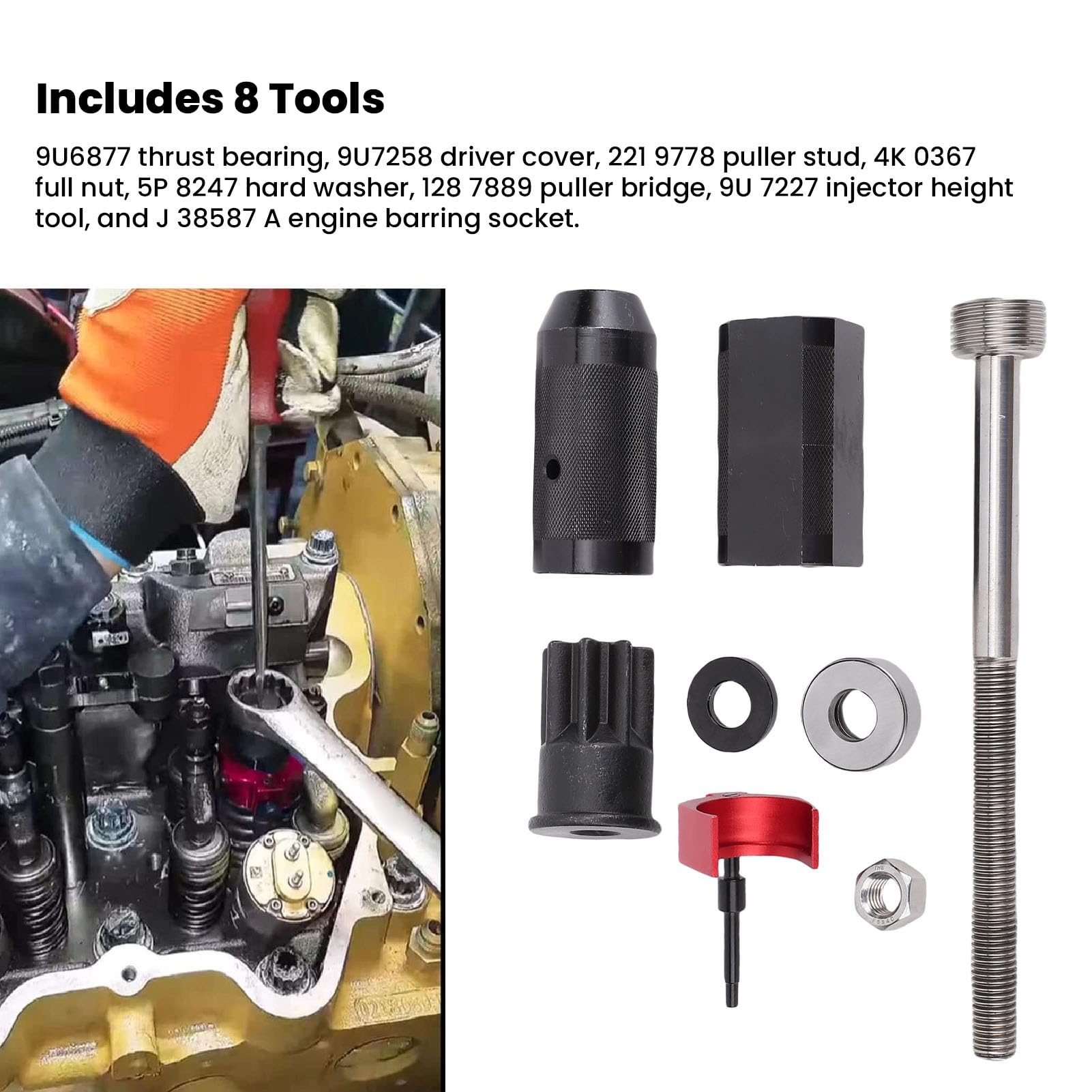 VGEBY Juego de Instalador de Removedor de Manga de Inyector, Kit de Herramientas de de Inyector Billet de Acero y Aluminio de 8 Piezas, Puente Extractor y Casquillo de Barra de Motor para Mecánica CAT