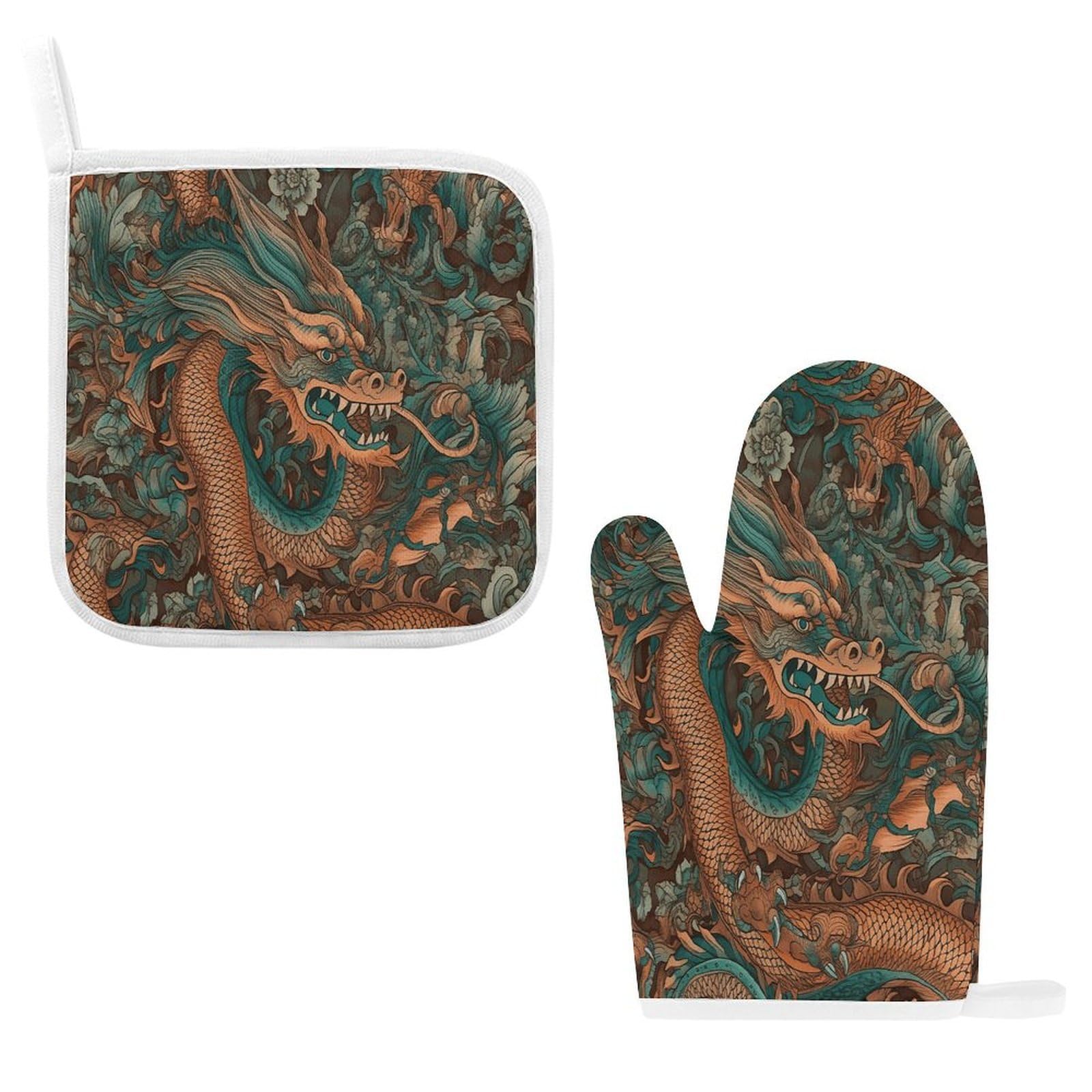 Fodpand Style Intricate Dragon Pattern Oven Mitts And Pot Holders Sets
