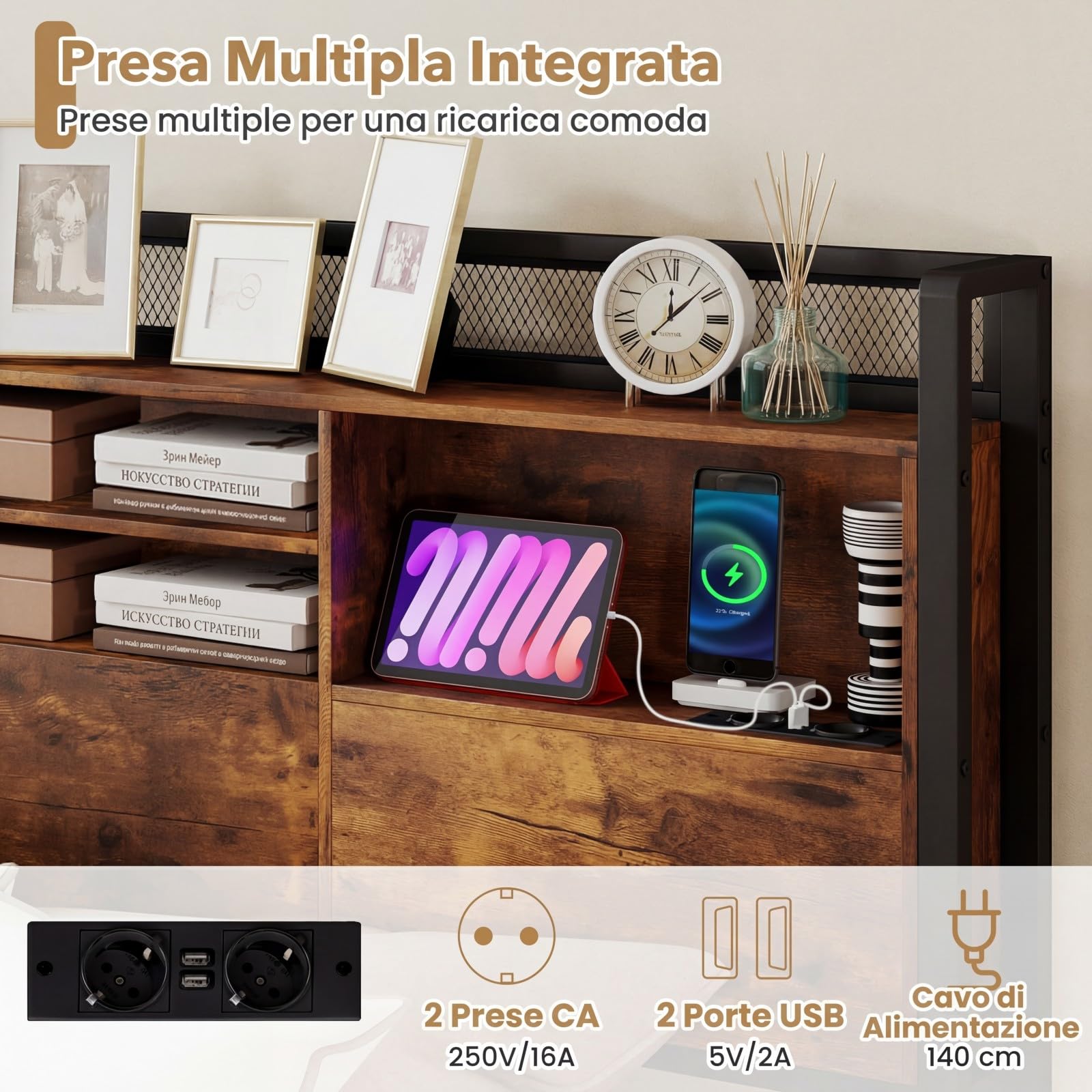COSTWAY Struttura Letto con Testiera, Letto con 4 Cassetti e Doghe Robuste in Metallo, Letto a Piattaforma con Prese, Silenzioso, Carico Massimo 300kg (160 x 200 cm)