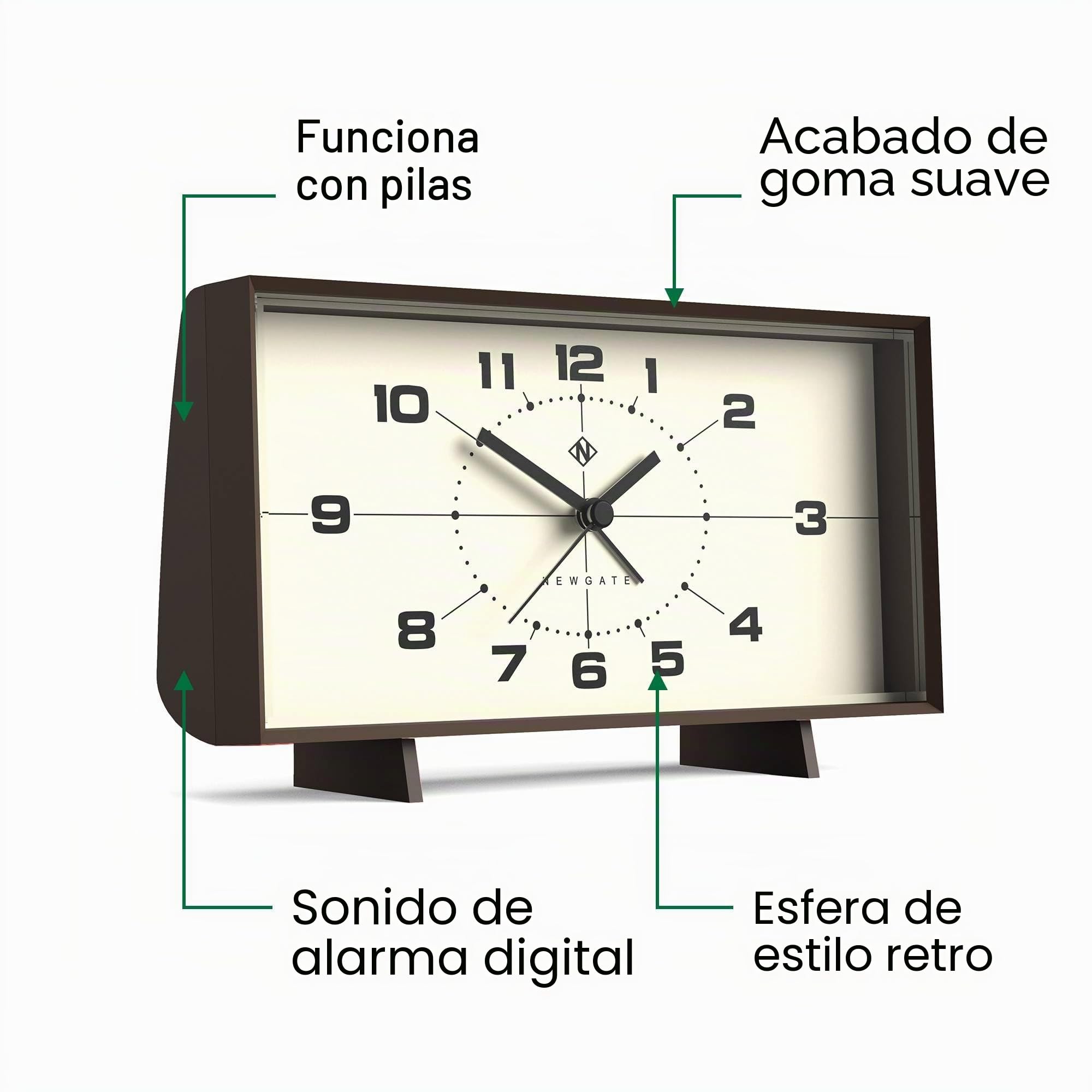 NEWGATE® Wideboy Despertador | Diseño Retro Rectangular | Marrón Moca | Esfera de Mediados de Siglo | Ideal para la mesilla de Noche, Escritorio, repisa o estantería | Accesorio Retro