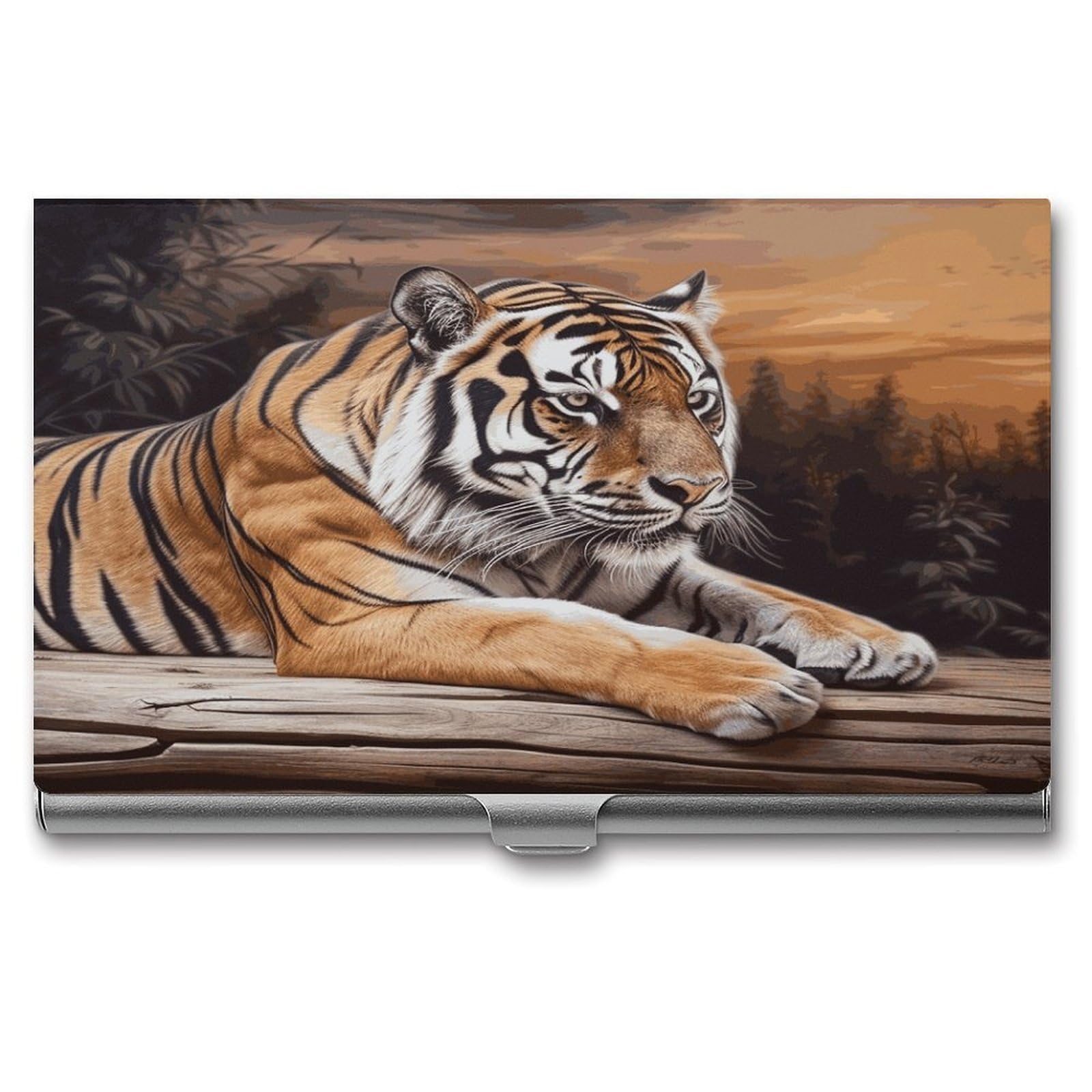 LDGSUPH Tiger Lying on Wood Business Card Holder Fashion Slim Name Card Holder Minimalist Design Case Metal Card Carrier Personalized Business Card Case with Flip for Men Women