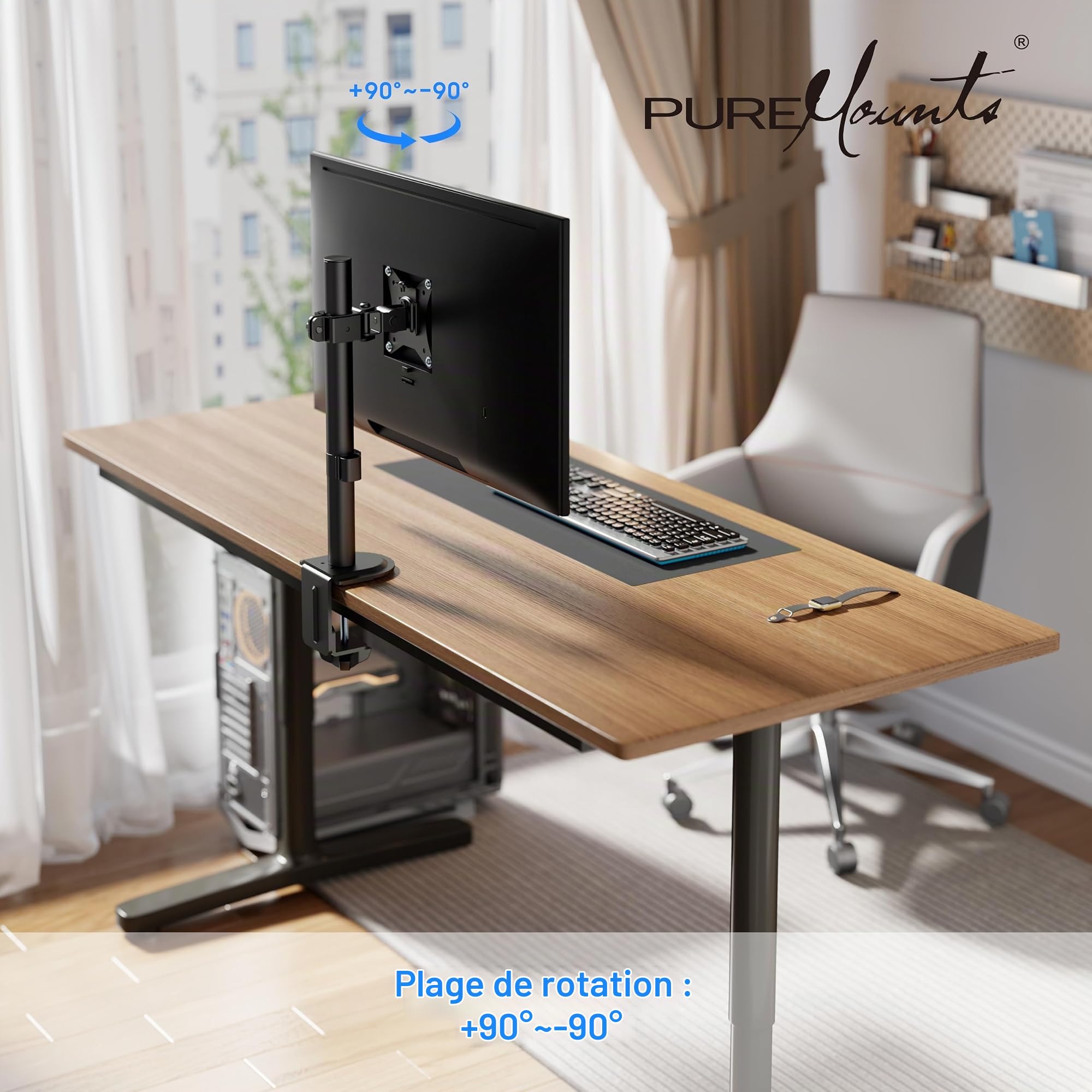 PureMounts Support de Moniteur, Support de Moniteur pour 1 écran, 17 à 32 Pouces, réglable en Hauteur, inclinable, pivotant, VESA 75 et 100, Support de Bureau, Support d'écran, Noir