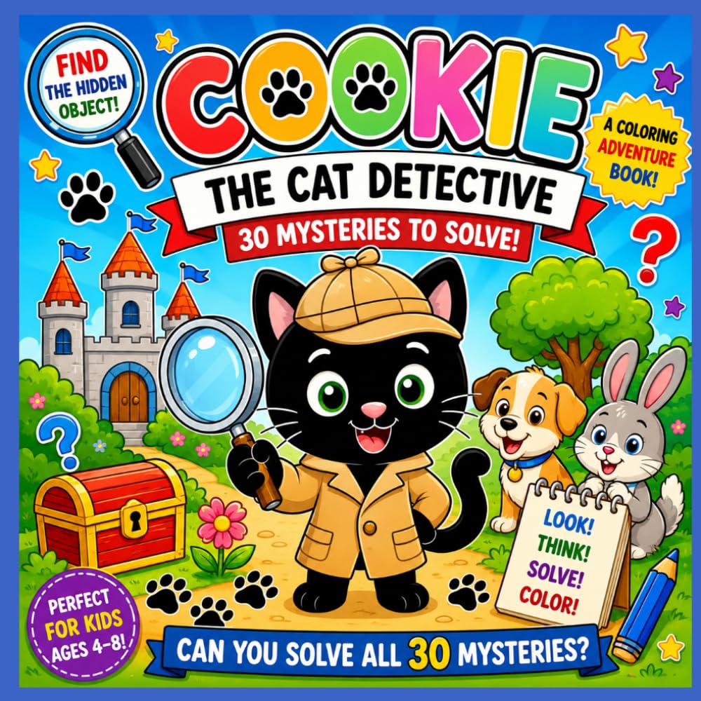Cookie the Cat Detective: 30 Mysteries to Solve: A Hidden Object Coloring Adventure for Kids Ages 4–8Join Cookie the Cat Detective on a fun-filled mystery adventure!