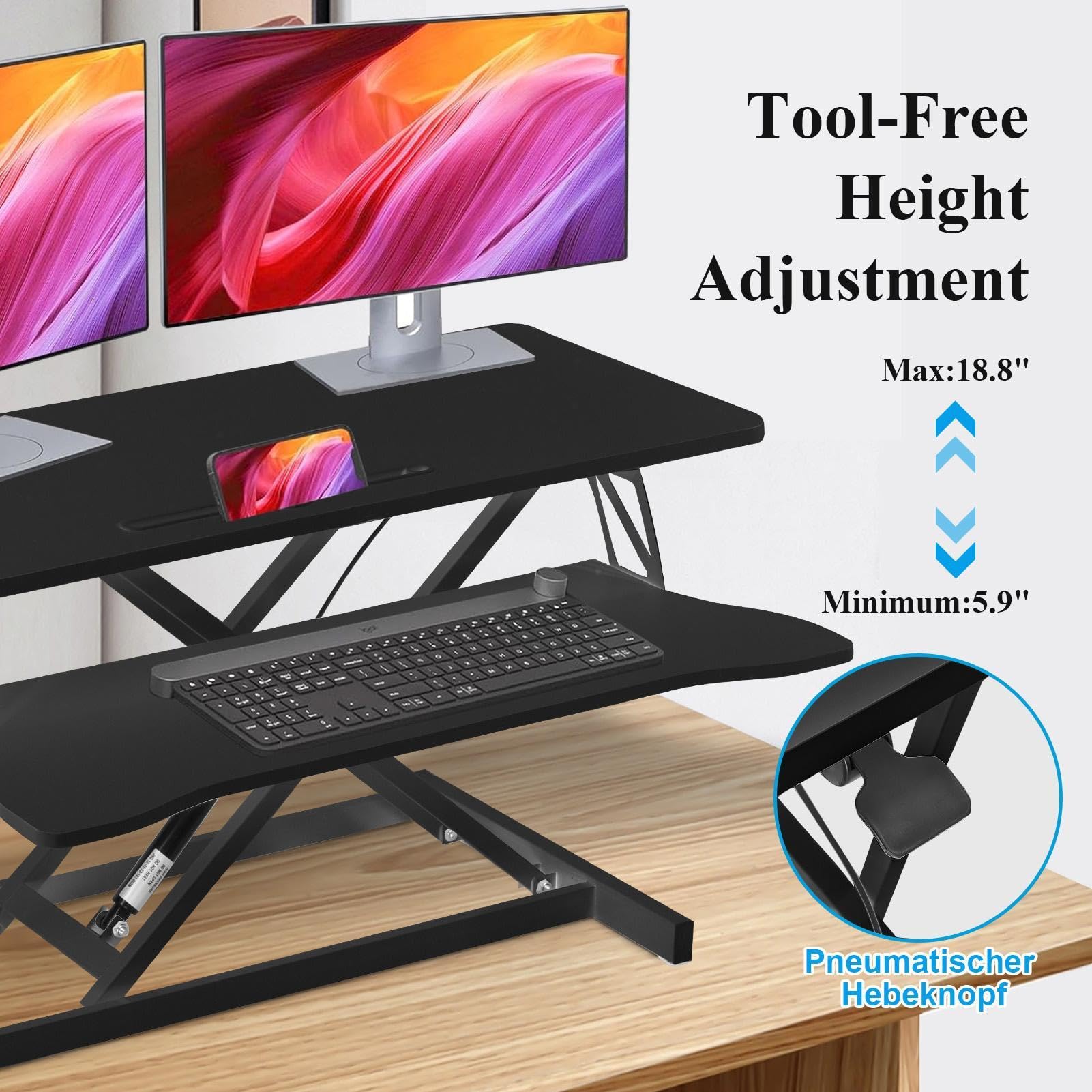 Scrivania regolabile in altezza, convertitore da tavolo per laptop con ergonomico | Convertitore ergonomico da scrivania con molla a gas, 2 livelli, porte USB e altezza regolabile da 15 a 48 cm, per ufficio