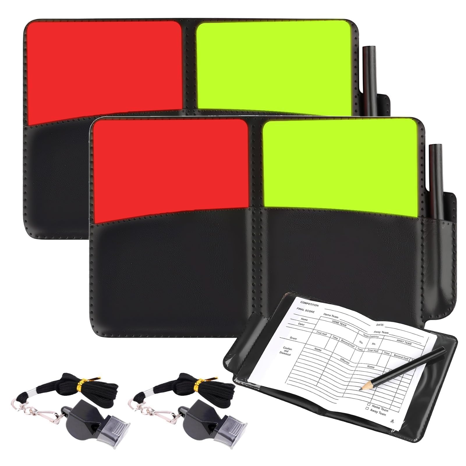 2PCS Complete Referee Kit, Referee Card Set with Stainless Steel Whistle Red Yellow Cards Leather Wallet A Pencil Easy to carry for Professional Amateur Referees Coaches Sports Training
