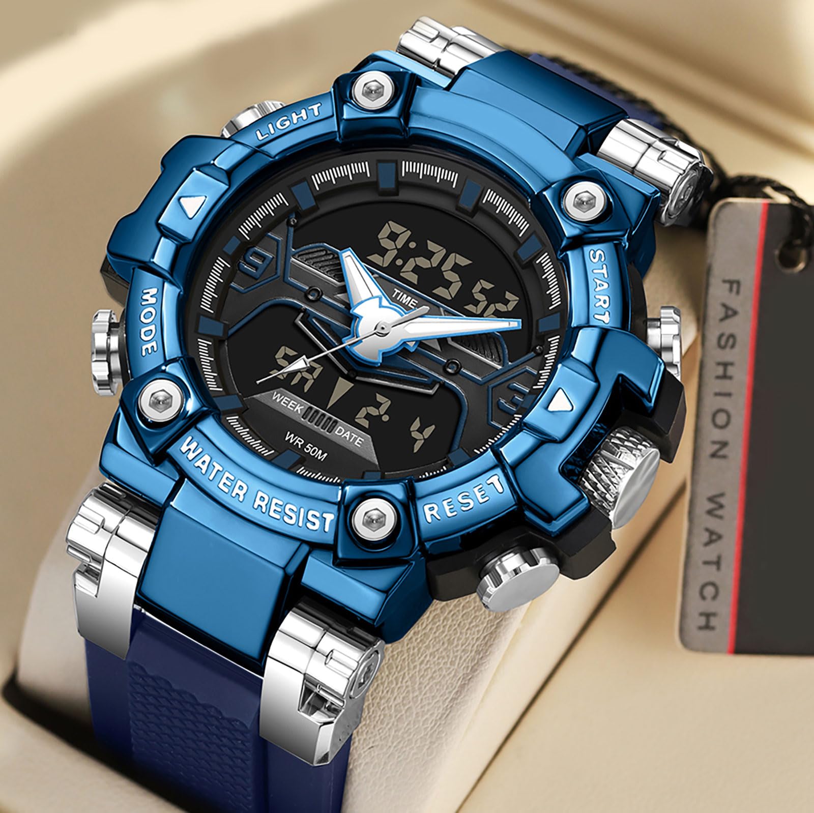 findtime Orologio da polso digitale da uomo, analogico, doppio display, nero, resistente agli urti, sportivo, con cronometro, illuminazione LED, allarme, data