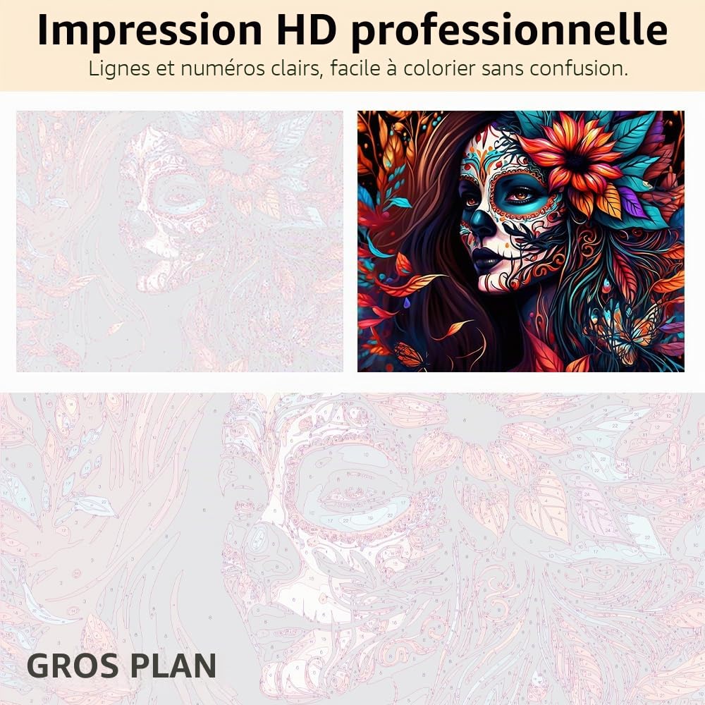 Crâne Fille DIY Peinture par Numéros Adulte Jour des Morts Peinture Acrylique par Numéros Kits avec Pinceaux Toile Cadeaux Fleurs Artisanat pour la Maison 40x50cm(Cadre)