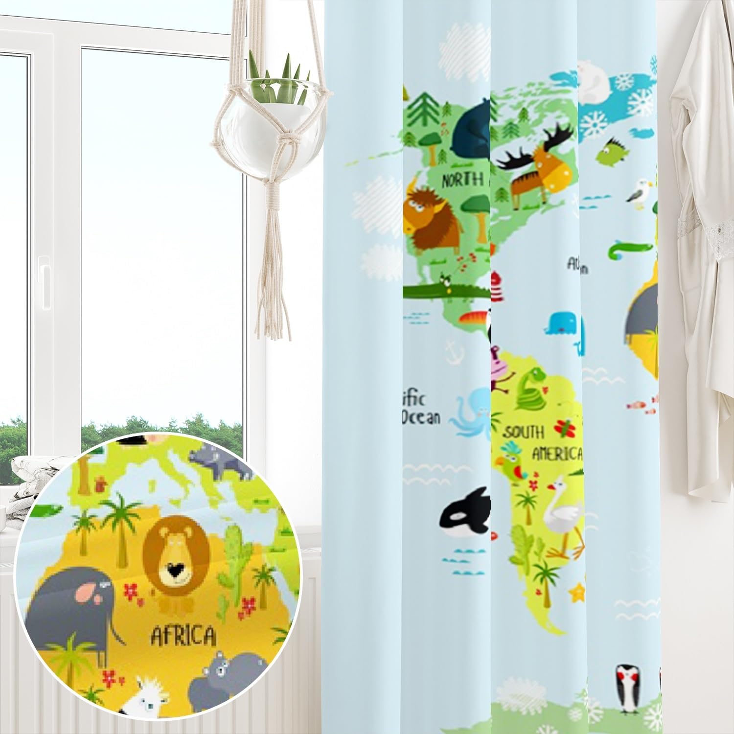 107x160cm Mapa Cortina con Ojales Dibujos Animados Verde Mapa del Mundo Animales náutica Opacas Cortinas para Ventanas Niñas niños Habitación Infantil Dormitorio Sala de Estar,2 Panel