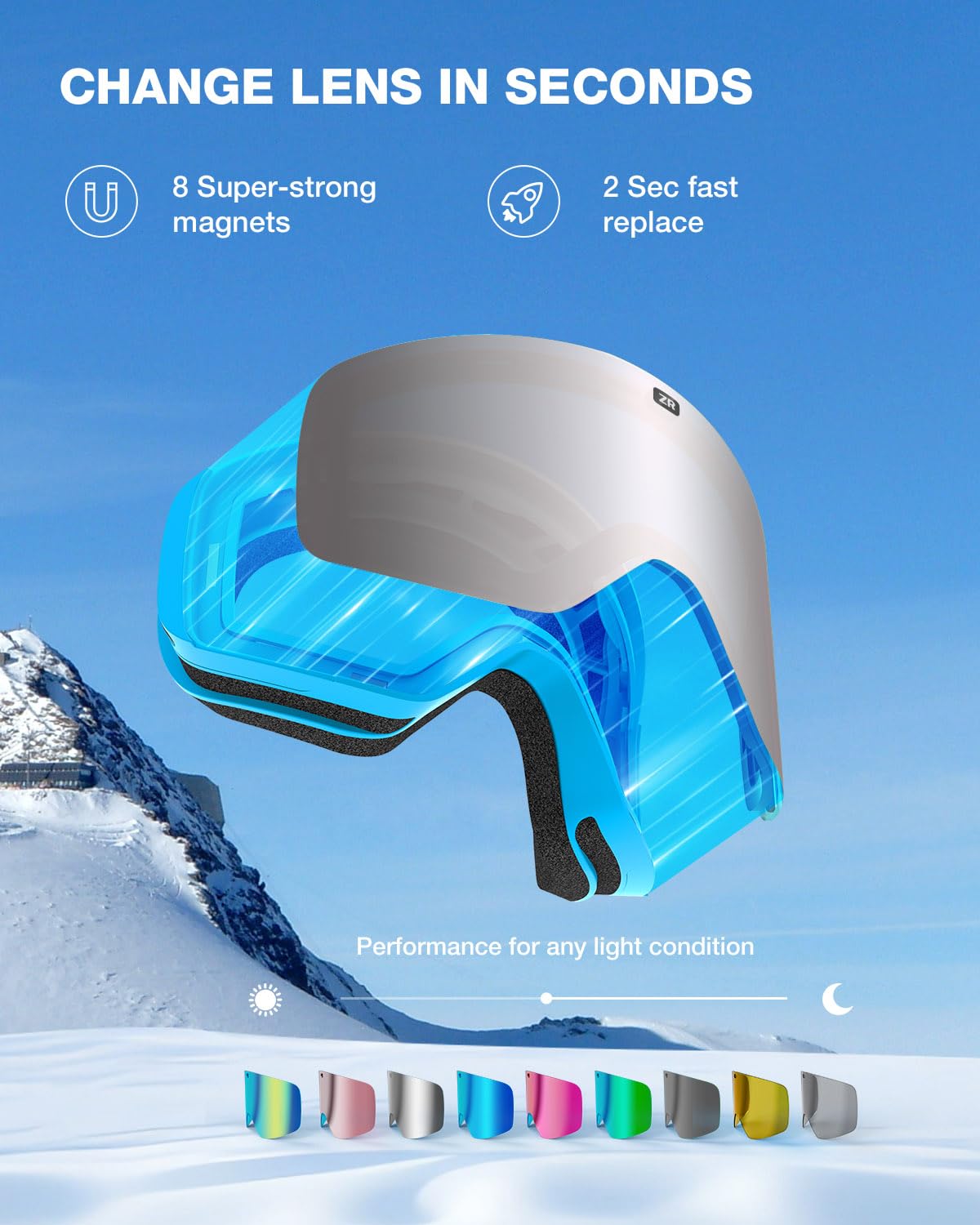 ZIONOR X11 Gogle narciarskie snowboardowe z magnetyczną wymienną cylindryczną soczewką, ochrona przed promieniowaniem UV, dla mężczyzn, kobiet, dorosłych (szara soczewka RevoSilver)