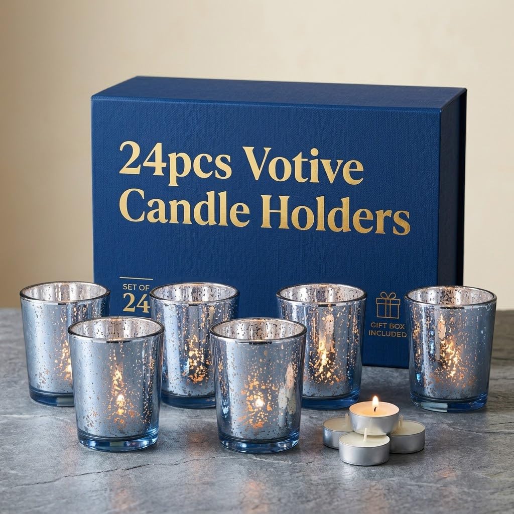 LETINE 24pcs Blue Votive Candle Holders – Glass Tea Light Candles Holder, Standard Votive Size for Regular Votive Candles – Bulk Candle Holder for Summer Weddings, Waterfront Venues, Home Decor