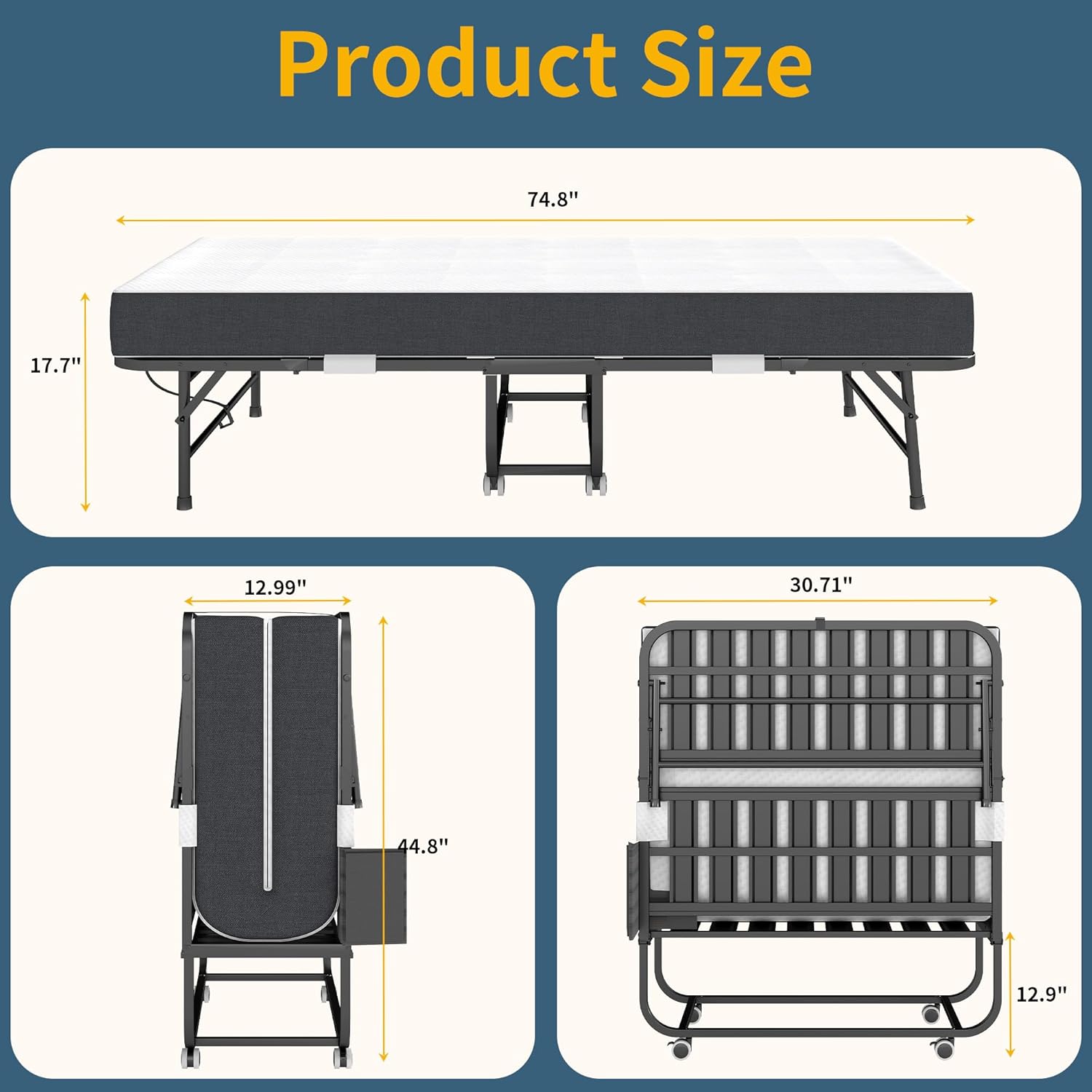 Folding Bed with Mattress for Adults, 75" x 31" Foldable Beds Memory Mattress, Portable Roll Away Bed on Wheels, Folding Metal Beds Frame with Side Storage Pocket for Guest