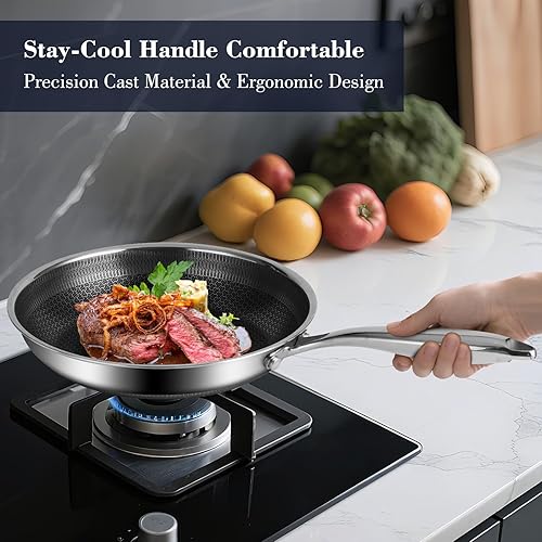 Miniatura 8 de Sartén híbrida antiadherente de acero inoxidable de 12 pulgadas con tapa de vidrio a juego, sin PFOA, no tóxico, apto para lavavajillas y horno,