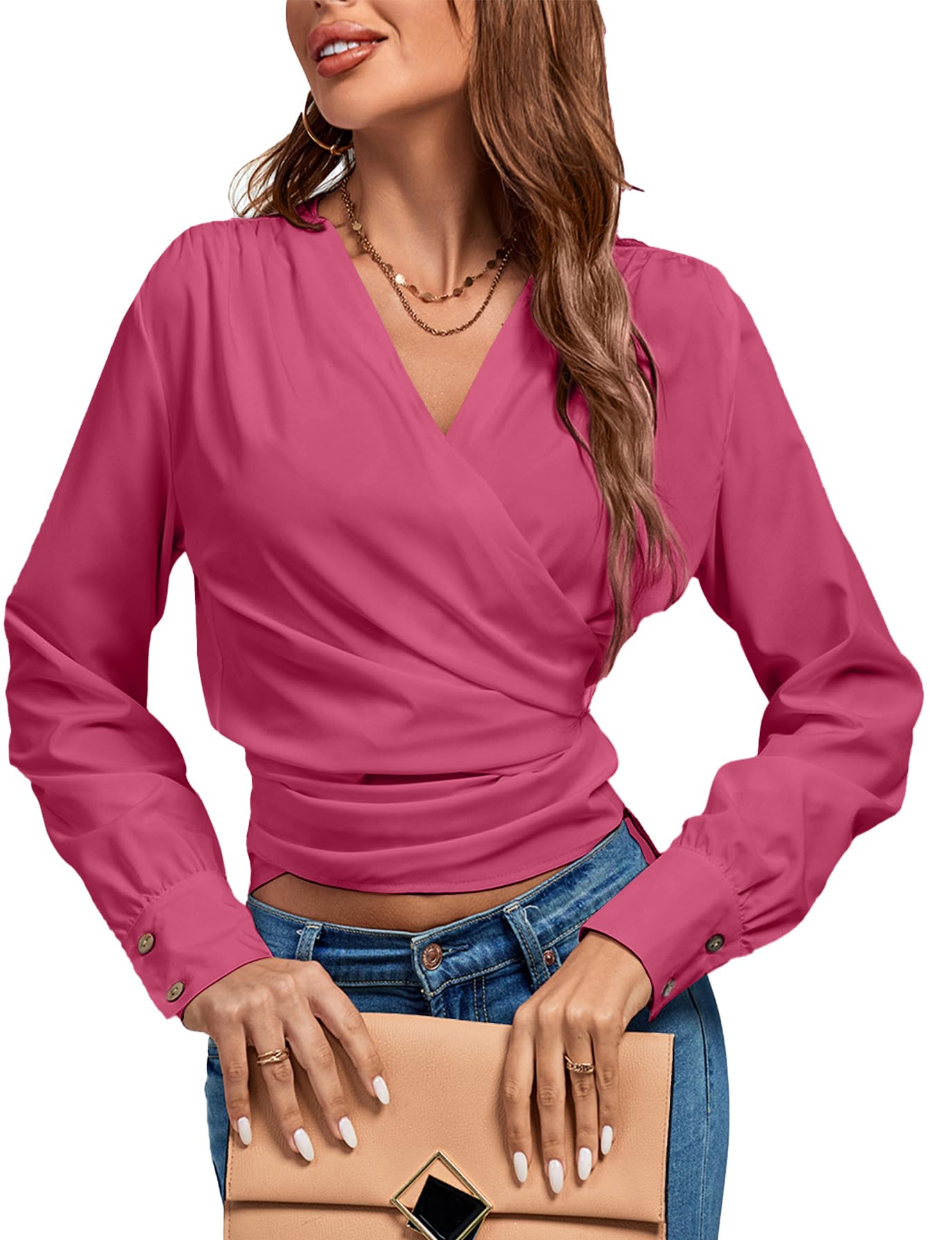 LYANER Women's Wrap V Neck Long Sleeve Tie Back Ruched Crop Top Blouse Shirt