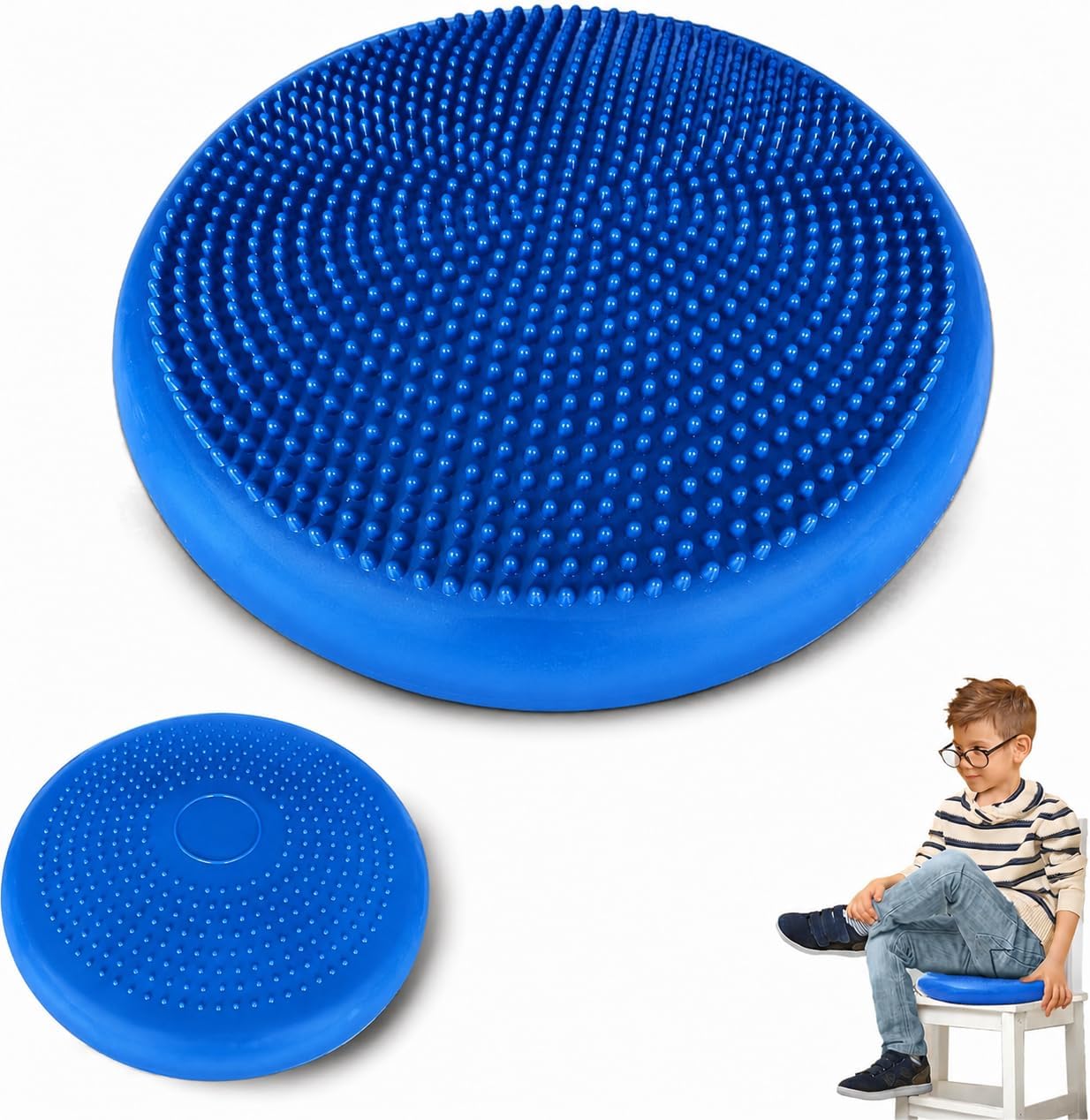 PHYSIOWORX Inflatable Sensory Wobble Cushion - Autism Sensory Equipment, 35cm Diameter - Balance Pad for with ADHD, Wiggle Seat with 2 Tactile Surfaces, Pump NOT INCLUDED Blue