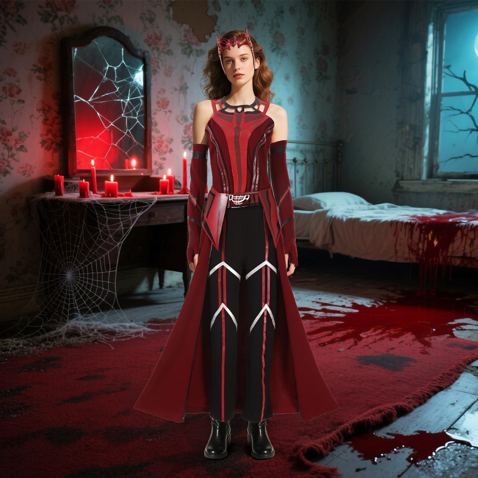 Costume da donna Scarlet Witch Wanda Maximoff con cappotto, giacca, pantaloni, tuta, copricapo, Halloween, cosplay, carnevale