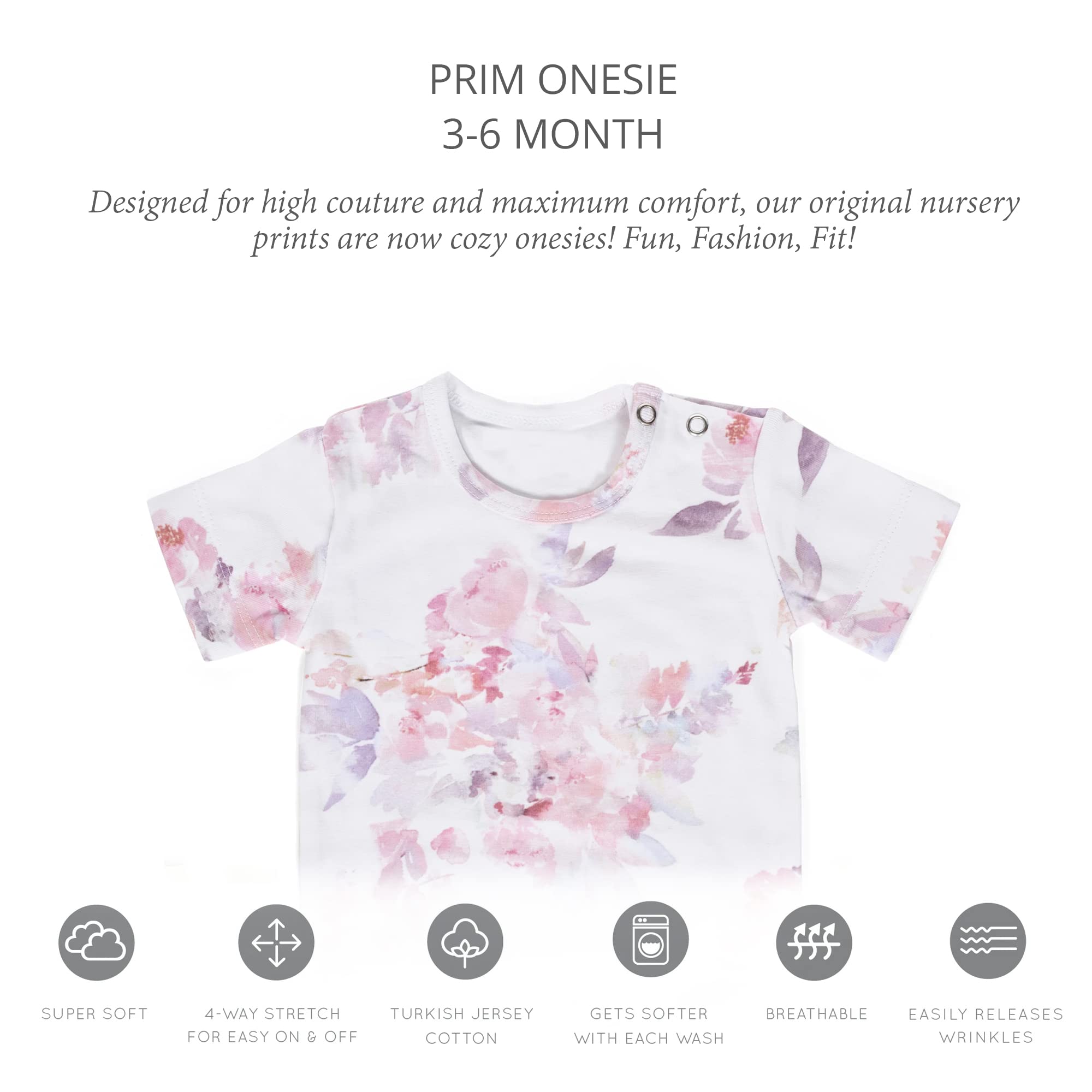 Oilo 3-6 Months Summer Baby Bodysuit,100% Turkish Cotton Stretch Jersey, Machine Washable, Double Snap Top, Triple Snap Bottom, Matching Blankets, Pink Flowers, Prim Floral