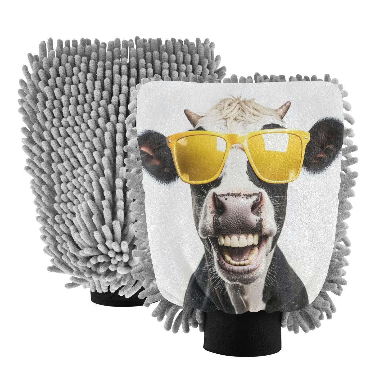Flradish 2 Pack Funny Cow Car Wash Mitt Chenille Microfiber Lint-Free Scratch Free Ultra-Soft Absorbent Car Wash Mitt 11.8x8.07 Inch