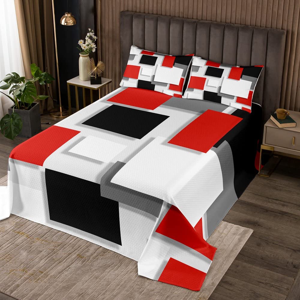 Geometrie Quadrat Bettwäsche Set Rot Grau Schwarz Weiß Steppdecken Set für Kinder Erwachsene Modernes Geometrisches Gitter Ombré Tagesdecke Weich 220 x 240 Moderne Einfache Grafisch Tagesdecke