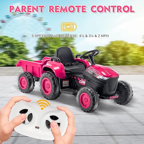 Miniatura 5 de MELLCOM Tractor de paseo para niños, tractor de ruedas eléctricas de 12 V con remolque y control remoto, automóvil para niños pequeños con motores