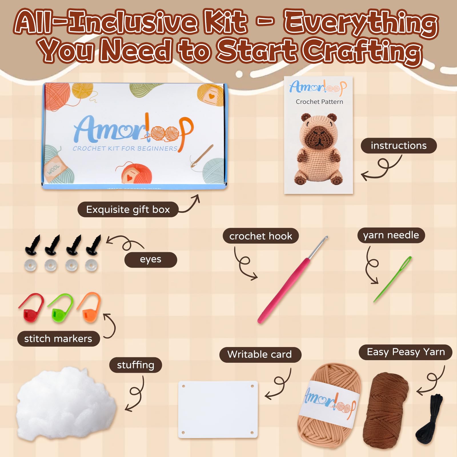 Kit de ganchillo para principiantes: bonito kit de animales de ganchillo Capybara con hilo fácil preiniciado, tutoriales en video paso a paso para adultos y niños, incluye tarjeta positiva para