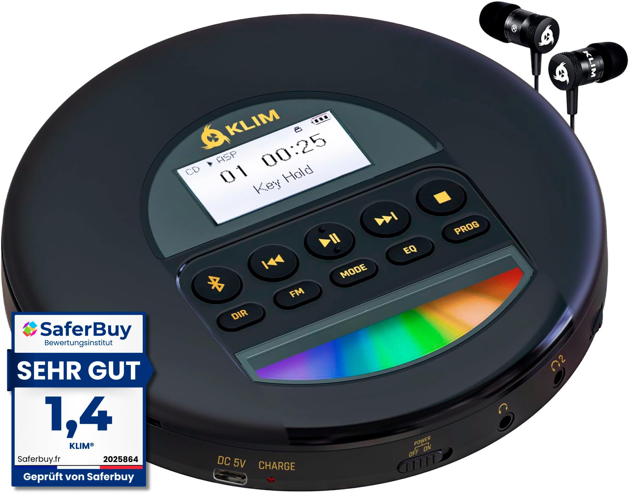 KLIM Nomad CD Player Bluetooth - Tragbarer CD-Player Discman mit langlebigem Akku - Inklusive Kopfhörer - CD-R, CD-RW, MP3 - Mit TF-Reader, Radio FM - Ideal für Autos - Portable Diskman