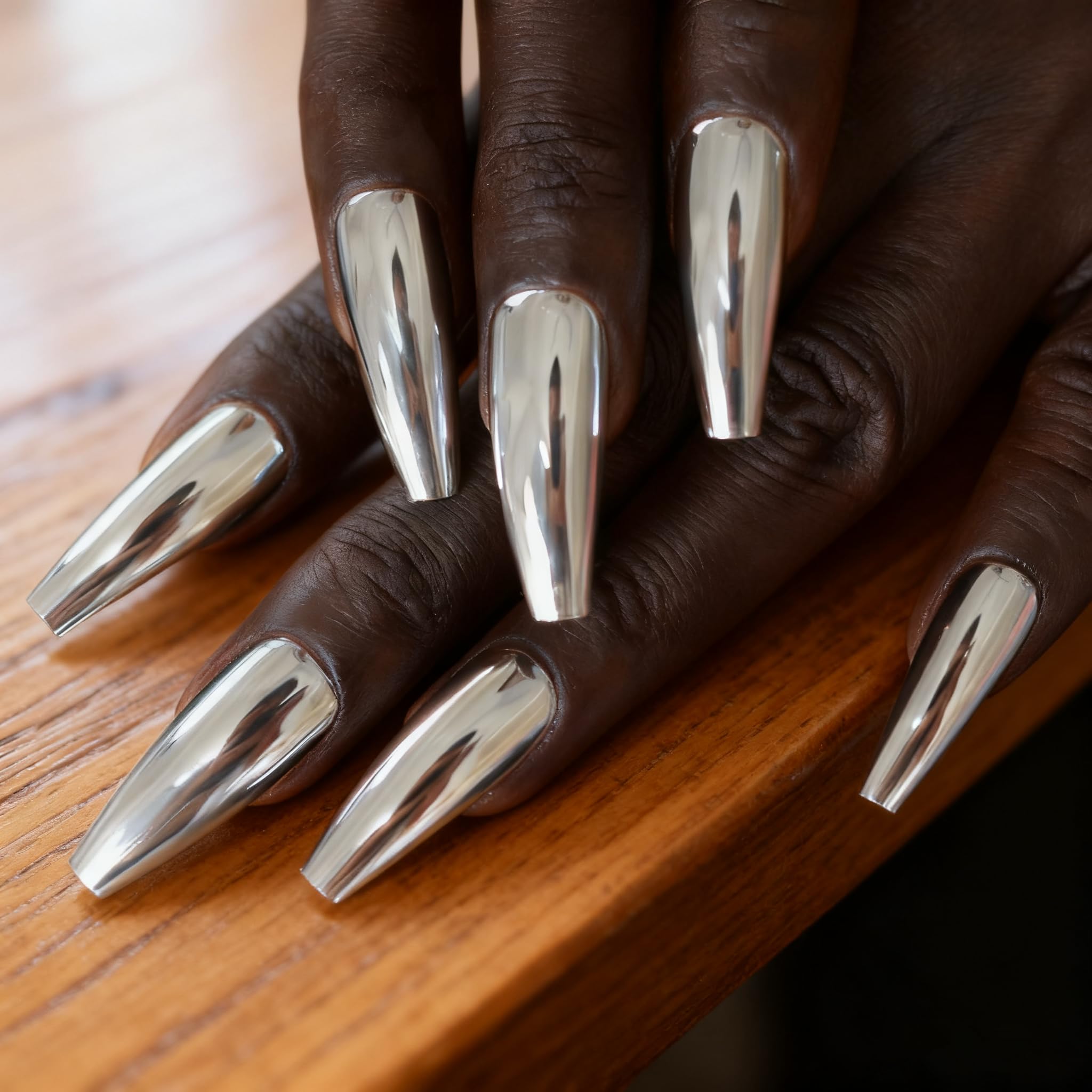 iMABC Silver Punk Metallic Press On False Nails Long Coffin Ballerina Chrome Mirror Fake Nails Full Cover Acrylic Nail Tips with Glue Tape For Women And Girls