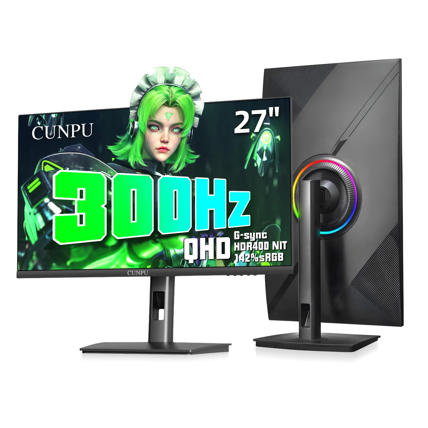 CUNPU 27-inch Gaming Monitor 300Hz QHD(2560× 1440p), 1MS,Fast IPS,142% sRGB, MAX400Nit, VESA,FreeSync, Built-in Dual Speakers, HDMI 2.1& DP 1.4,Height