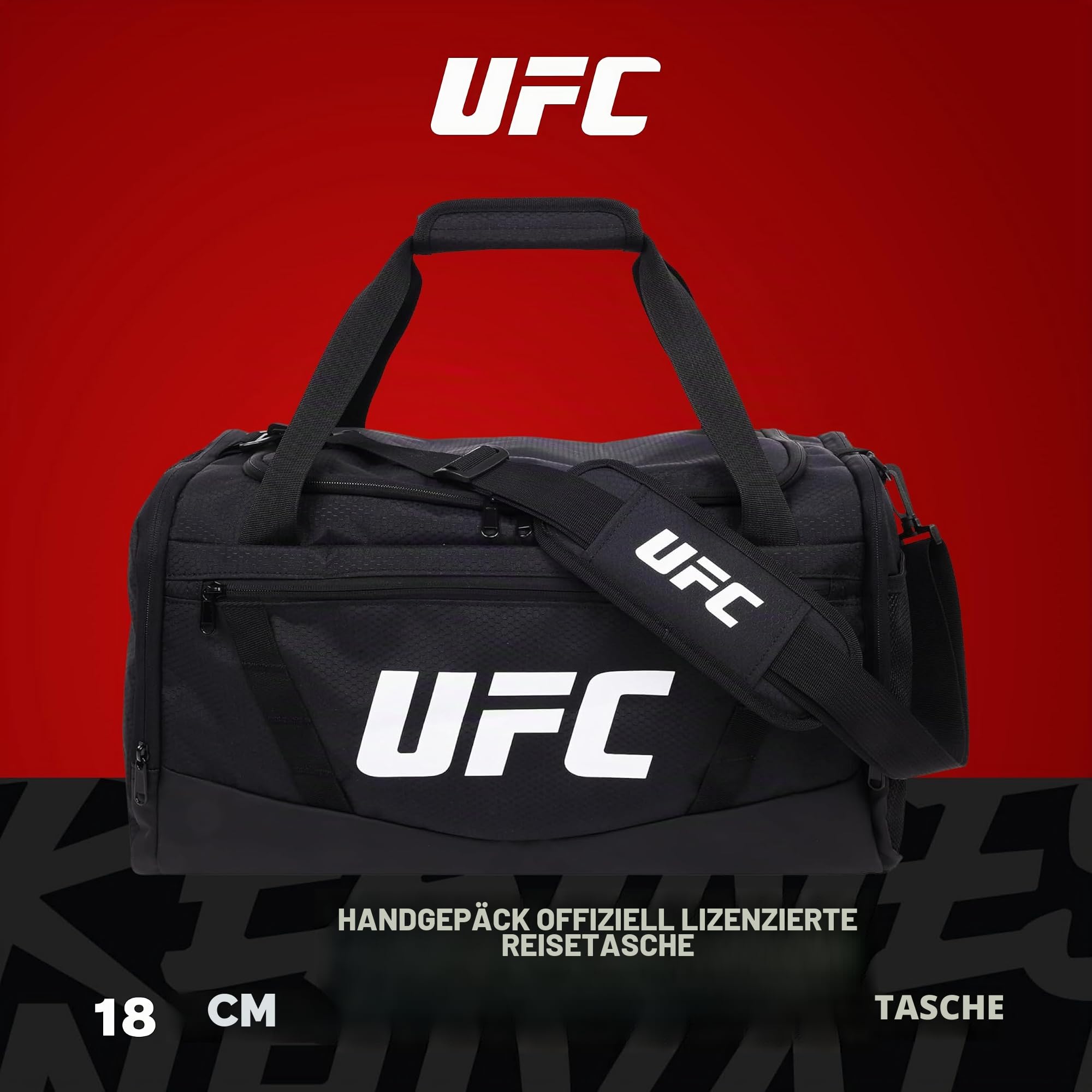 UFC Turnbeutel, 45,7 cm, Handgepäck, mittlere Reisetasche, Reisetasche für Damen und Herren, Schuhfach, MMA-Trainingsgeräte und Sportzubehör, Schwarz