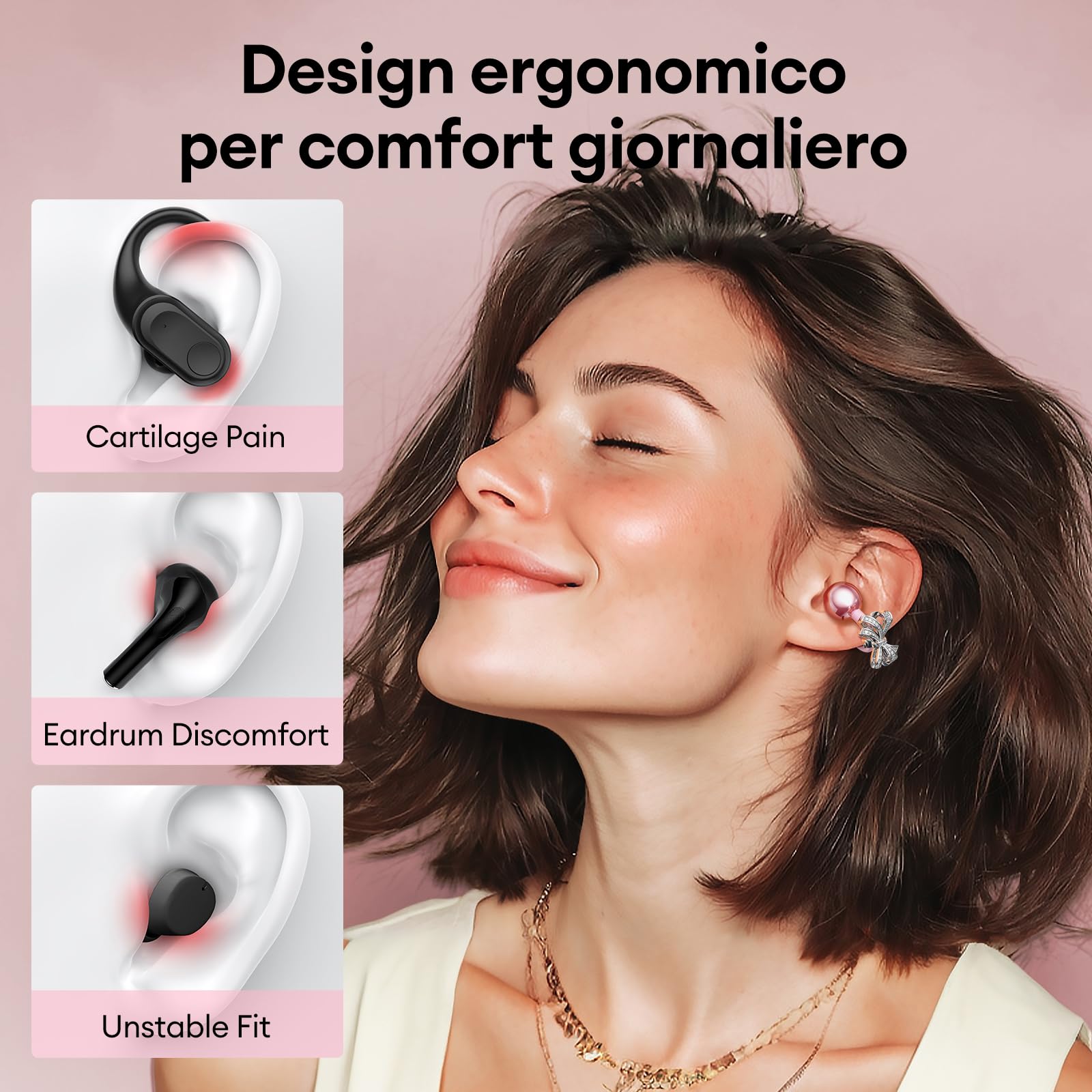 ZOMBIES CAT Cuffie Open Ear Clip-on con Schermo Touch & Orecchini Papillon Rimovibile – Auricolari Bluetooth 5.4, Audio HiFi, Auricolari Open Ear Design Elegante per Sport e Tempo Libero, M100 Rosa