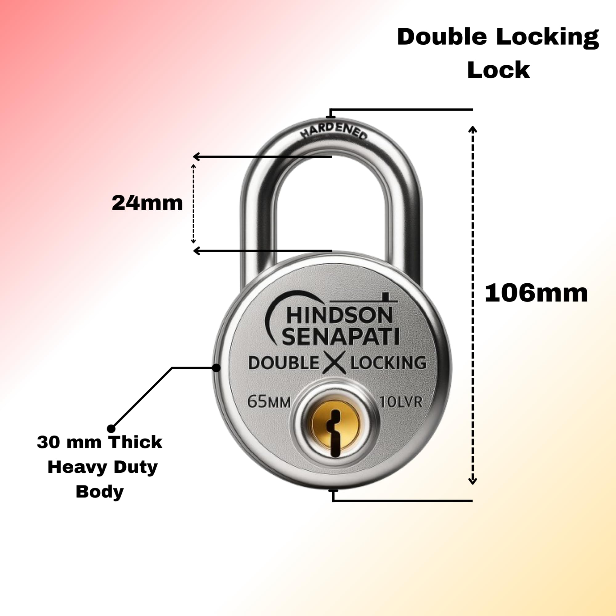 HINDSON Senapati 65mm Double Locking Padlock with 10 Lever Security and 4 Keys, Heavy Duty Lock and Key for Home, Door, Gate and Outdoor Use — Amazon image 5