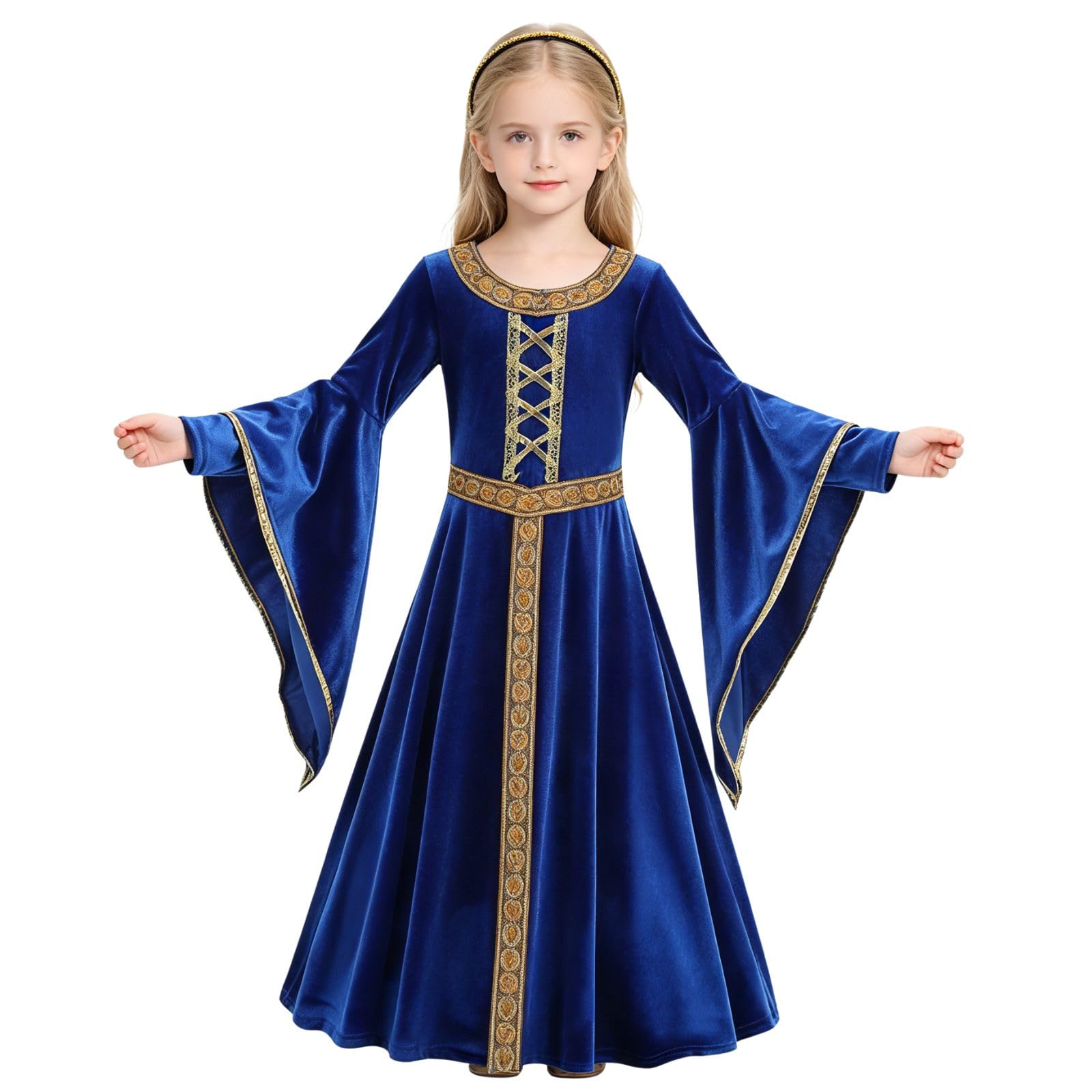 maxToonrain Girls Medieval Princess Costume Renaissance Velvet Dress Kids Royal Fancy Dress Up for Halloween World Book Day (Blue, Medium)