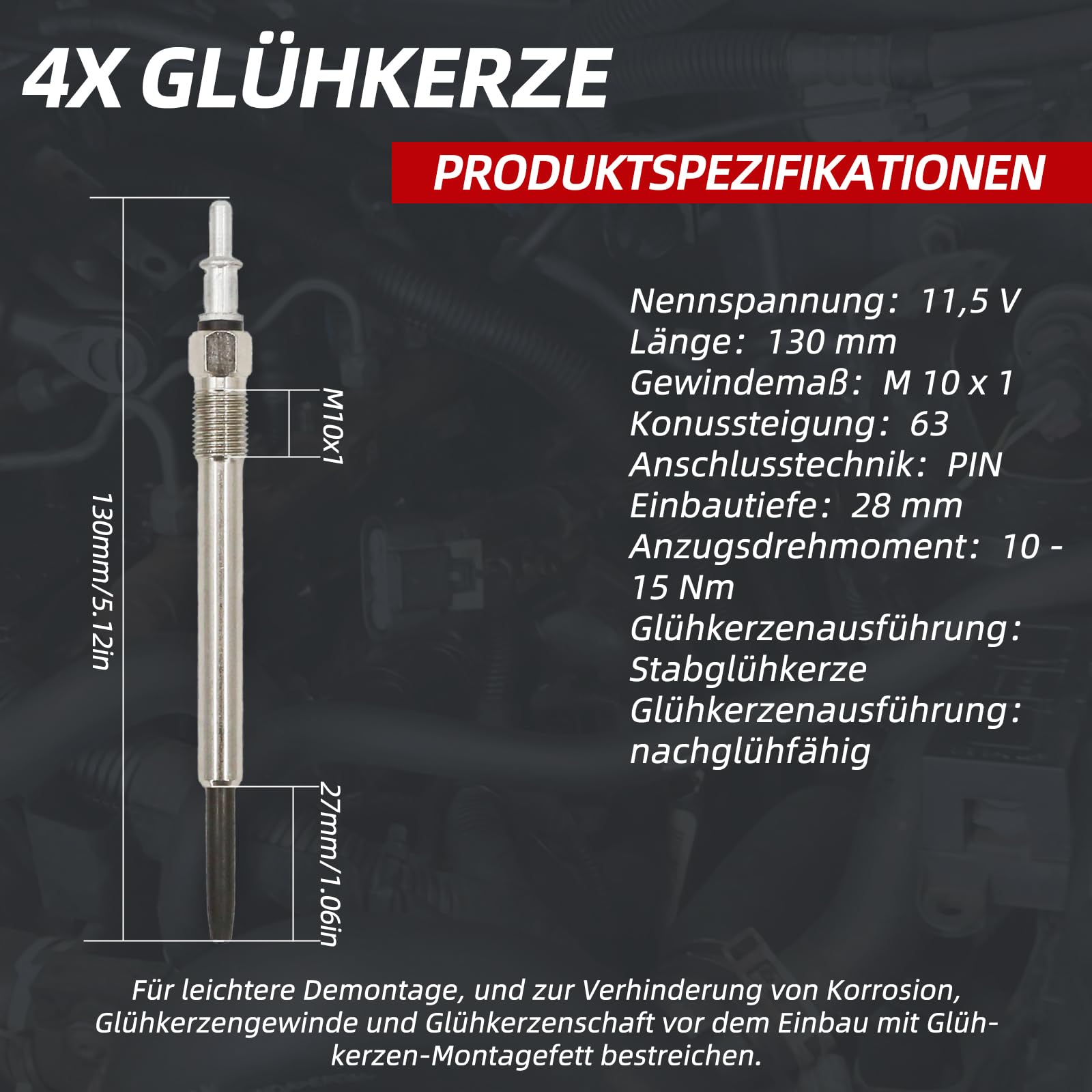 Glühkerzen passend für Mercedes-Benz W202 S202 220 CDI, 11,5 V, M10x1-Gewinde. Ein Satz mit vier Stück.OE-Nummer: A0011593801 (C-Klasse)