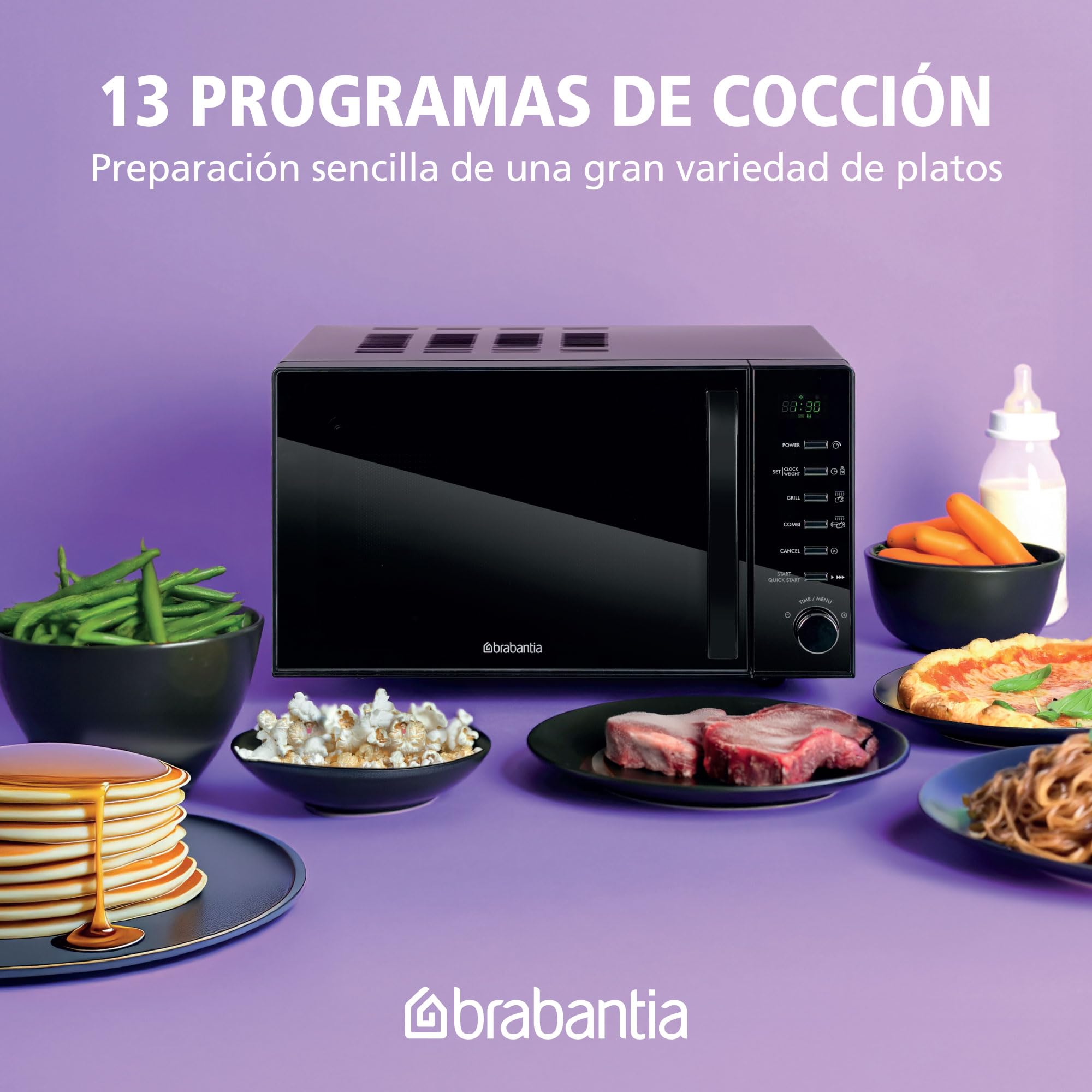 Microondas Brabantia con Función Grill, 20 Litros, Libre Instalación, 13 Programas Automáticos, 6 Niveles de Potencia, Temporizador Digital, Gran Capacidad, 700W, Negro, BBEK1145DG