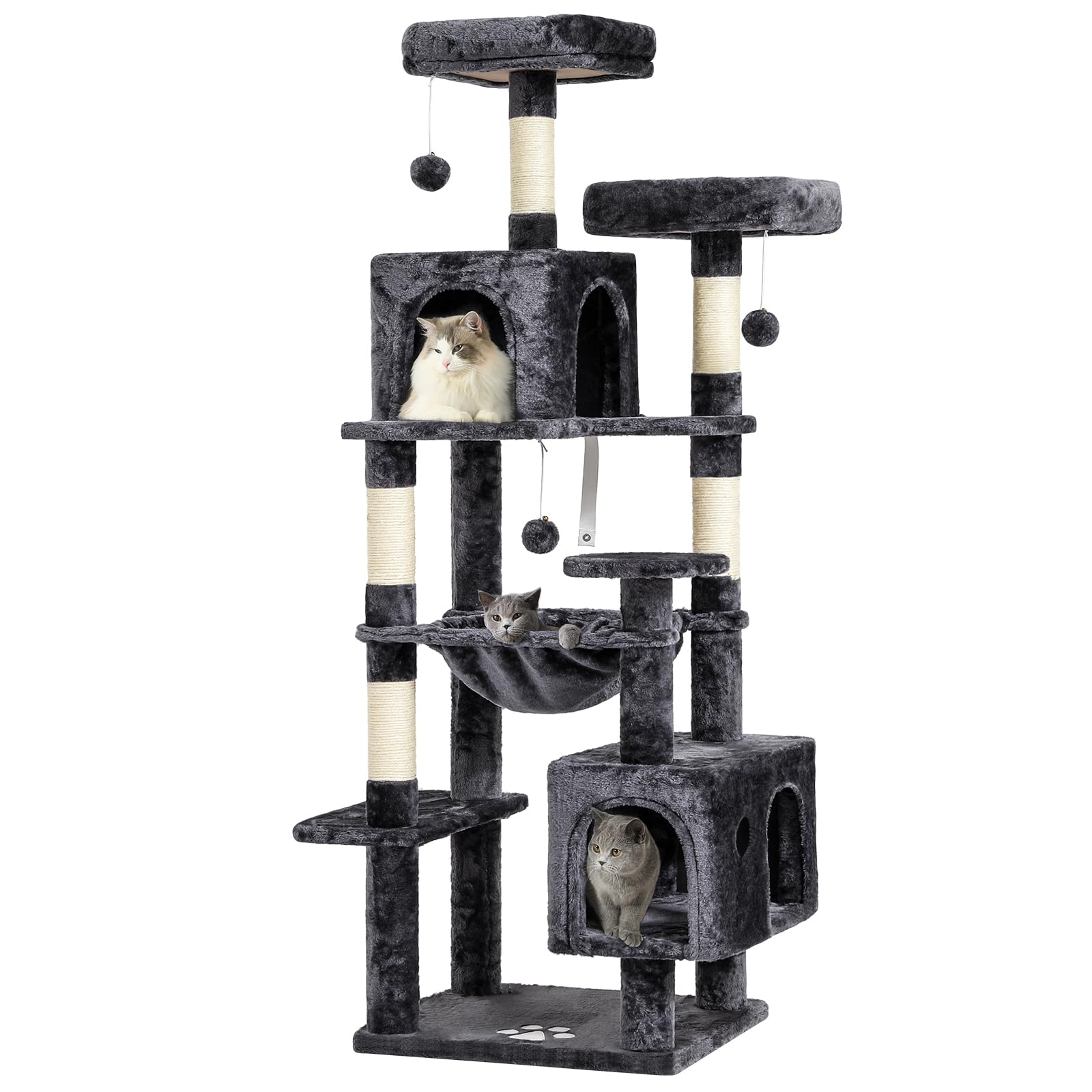 MSmask Grand arbre à chat stable en L avec 2 plateformes, 2 niches pour chats, hamac, colonnes en sisal, arbre d'escalade à plusieurs étages pour chats (gris foncé, 160 cm)