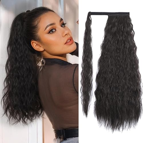 Extensión de cola de caballo de ondas de maíz largas estampada, cola de caballo sintética ondulada resistente al calor, postizo negro para mujeres