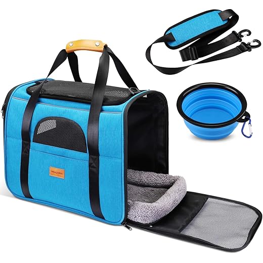 morpilot Transportín Gato Perro, Bolsa Transporte Portátil y Transpirable para Mascotas, Bolsa Transportin para Gatos Plegable Aerolínea Aprobada con Correa de Hombro Ajustable +Tazón Plegable Azul