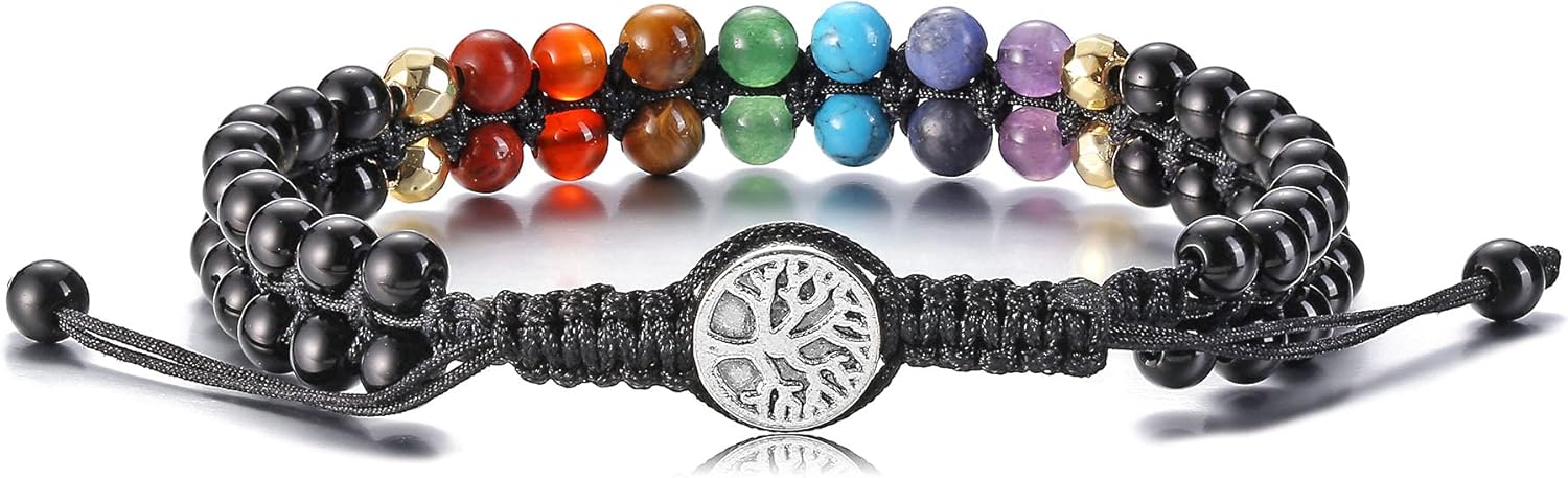 GEHECRST Pulsera natural de cristal curativo de 7 chakras, cuentas redondas de reiki, pulsera elástica para mujeres y hombres, joyería de yoga para