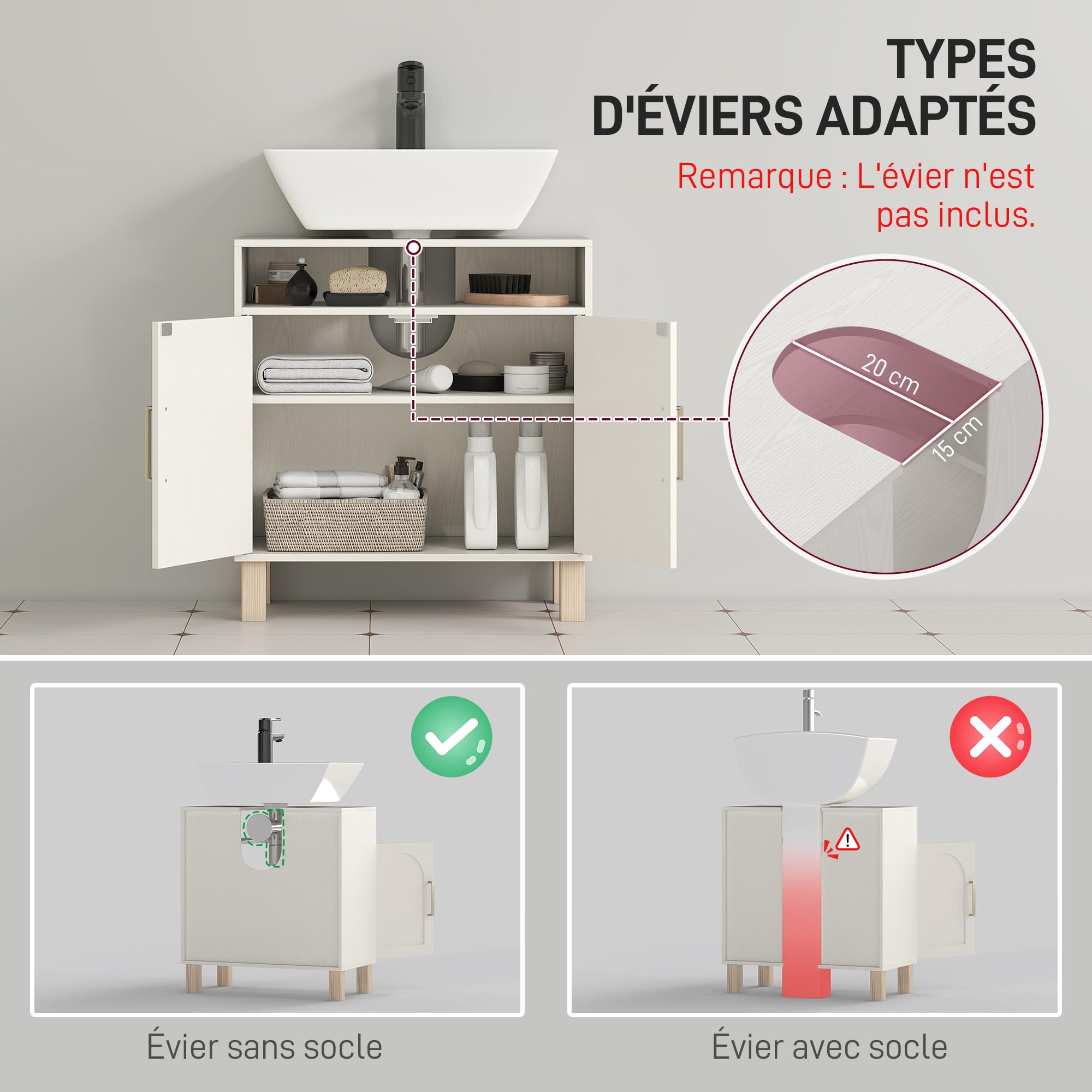 Meuble Sous Lavabo Salle De Bain HOMCOM - 2 Portes, étagère Réglable - Blanc, 60x30x60 Cm - MDF Anti-humidité