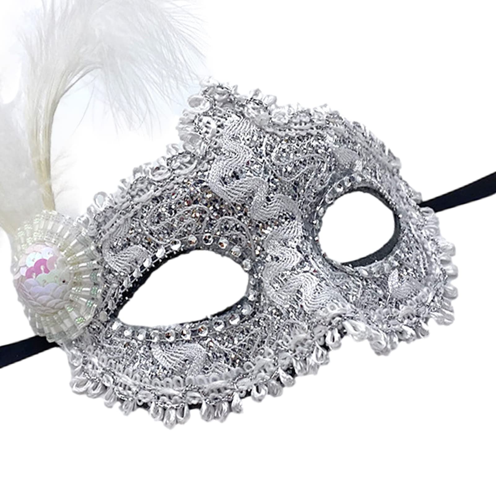 Jamron Women's Fancy Costume Mask with Rhinestones/Feather for Masquerade Party Ball Halloween Carnival White SN070309 - Image 3