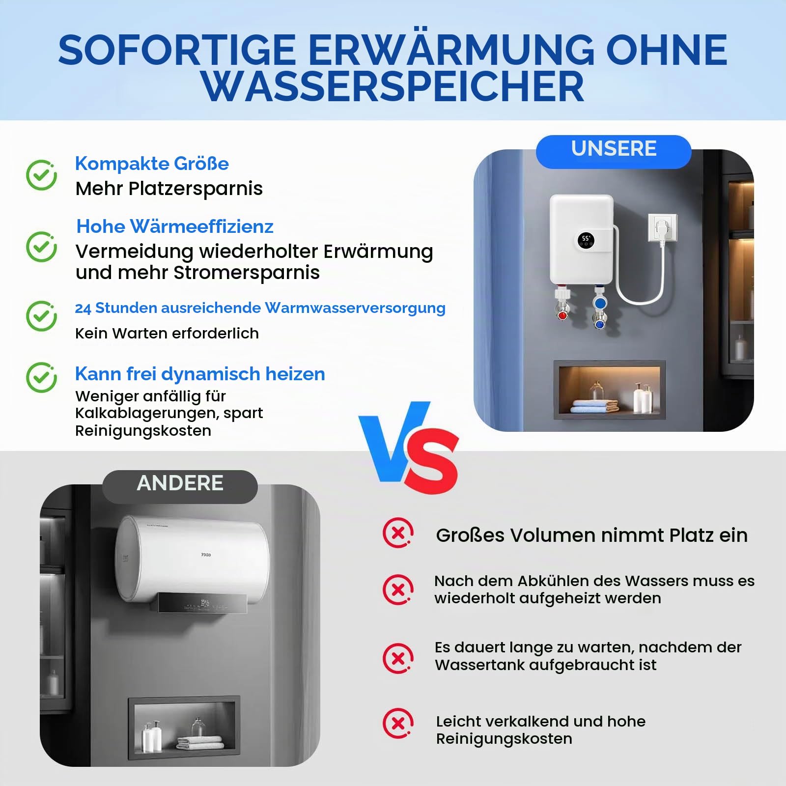 Mini Elektrischer Durchlauferhitzer, 5.5KW 220V Instant Elektro Wassererhitzer with Duschdüse, Tankless Dusche Heißwassersystem für Badezimmer Küche Garten, mit Ablesbarer Led-Temperaturanzeige