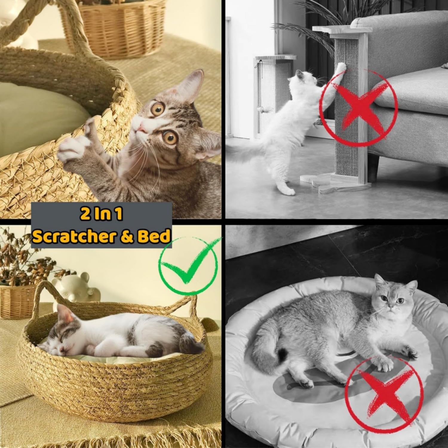 سرير قطط طبيعي مع وسادة، سرير قطط منسوج للقطط في الاماكن المغلقة، بيت حيوانات اليفة منسوج مصنوع يدويا بتصميم اوراق كاتيل مضفرة مع وسادة ناعمة، سرير كبير للقطط مقاس 17 × 17 انش