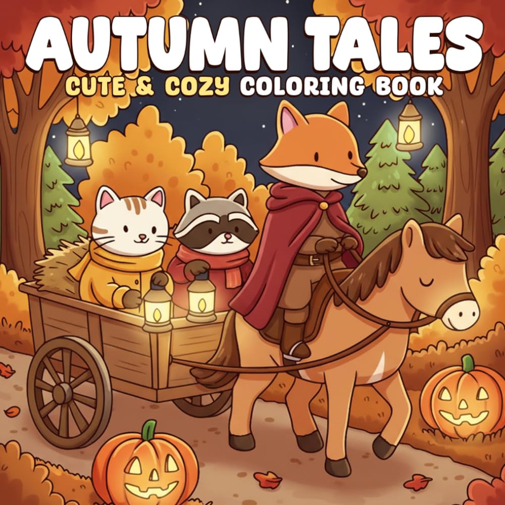 Autumn Tales Coloring Book: Autumn Coloring Pages featuring Whimsical Woodland Critters and Easy Cute Gingham Pumpkin Patch Illustrations for Adults