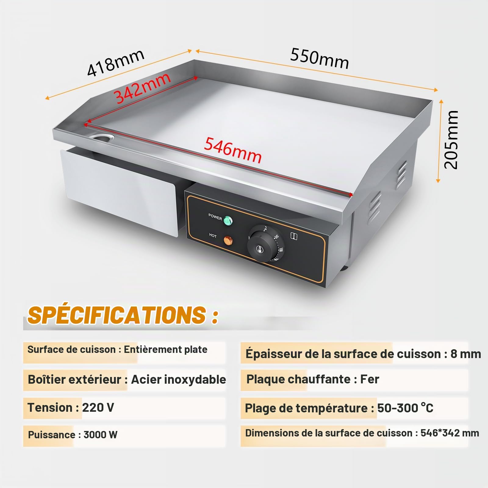 Plancha Électrique Plaque De Acier Inoxydable 53cm Antiadhésive 3000W Professionnelle De Cuisson En Le Fer Durable Grill, Epaisseur De La Surface De Cuisson : 8mm
