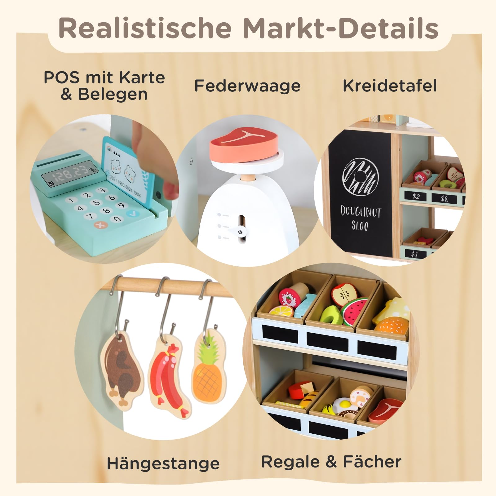 Nene Toys Kaufladen aus Holz – All-in-One Marktstand Supermarkt für Kinder mit Kasse, Waage, Kreidetafel, Hängestange, Fächern & Rollen – Wendeseite mit Ofen – Geschenkidee ab 3 Jahren – FSC-Holz