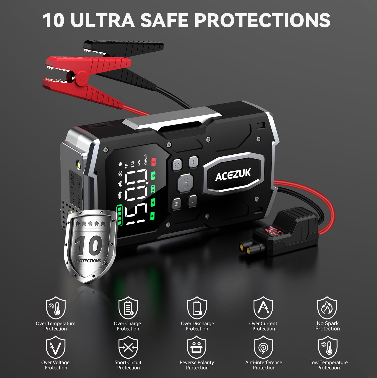 ACEZUK Starthilfe Powerbank mit 26800mAh 7000A Spitzenleistung,150PSI Kompressor, 4-in-1 Powerbank als Auto Starthilfe mit LCD Bildschirm, Tragbare Starter Powerbank mit LED Taschenlampe