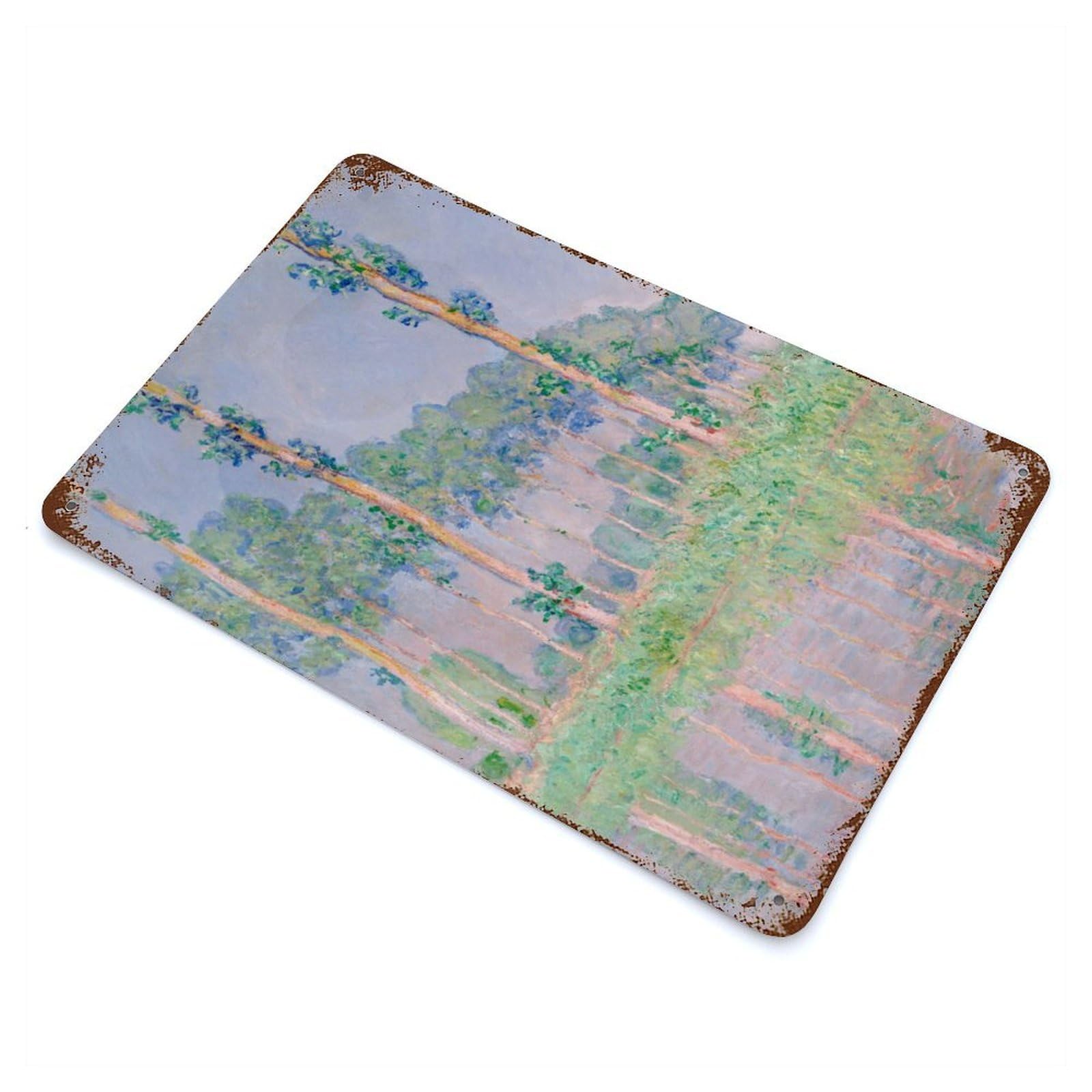 Aged Metal Wall Plaque with Claude Monets Poplars Design 11.8"x7.9", for Basement, Hobby Room And Garage Decor, Farmhouse Wall Decor