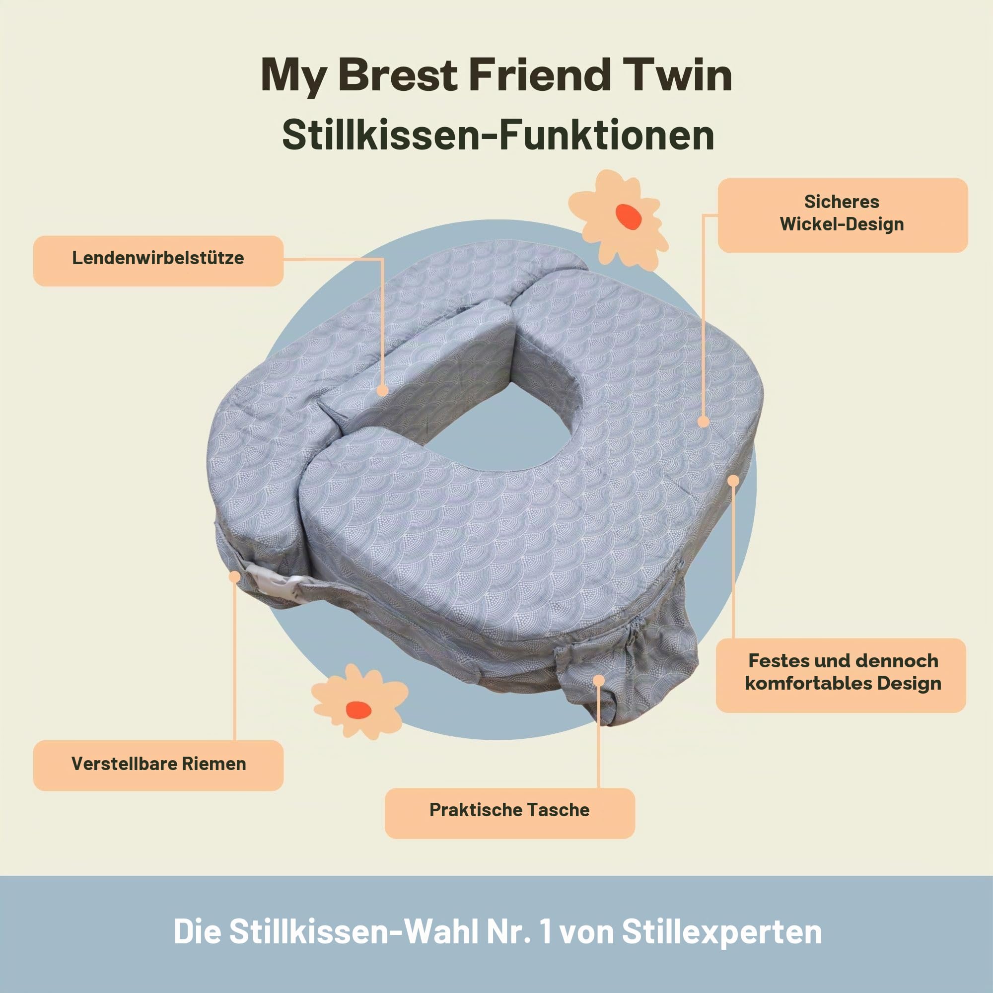 My Brest Friend Twin Stillkissen - Verbesserter Komfort mit Schonbezug - Ergonomisches Stillkissen für ultimative Unterstützung - Verstellbares Stillkissen mit praktischer Seitentasche, Horizont